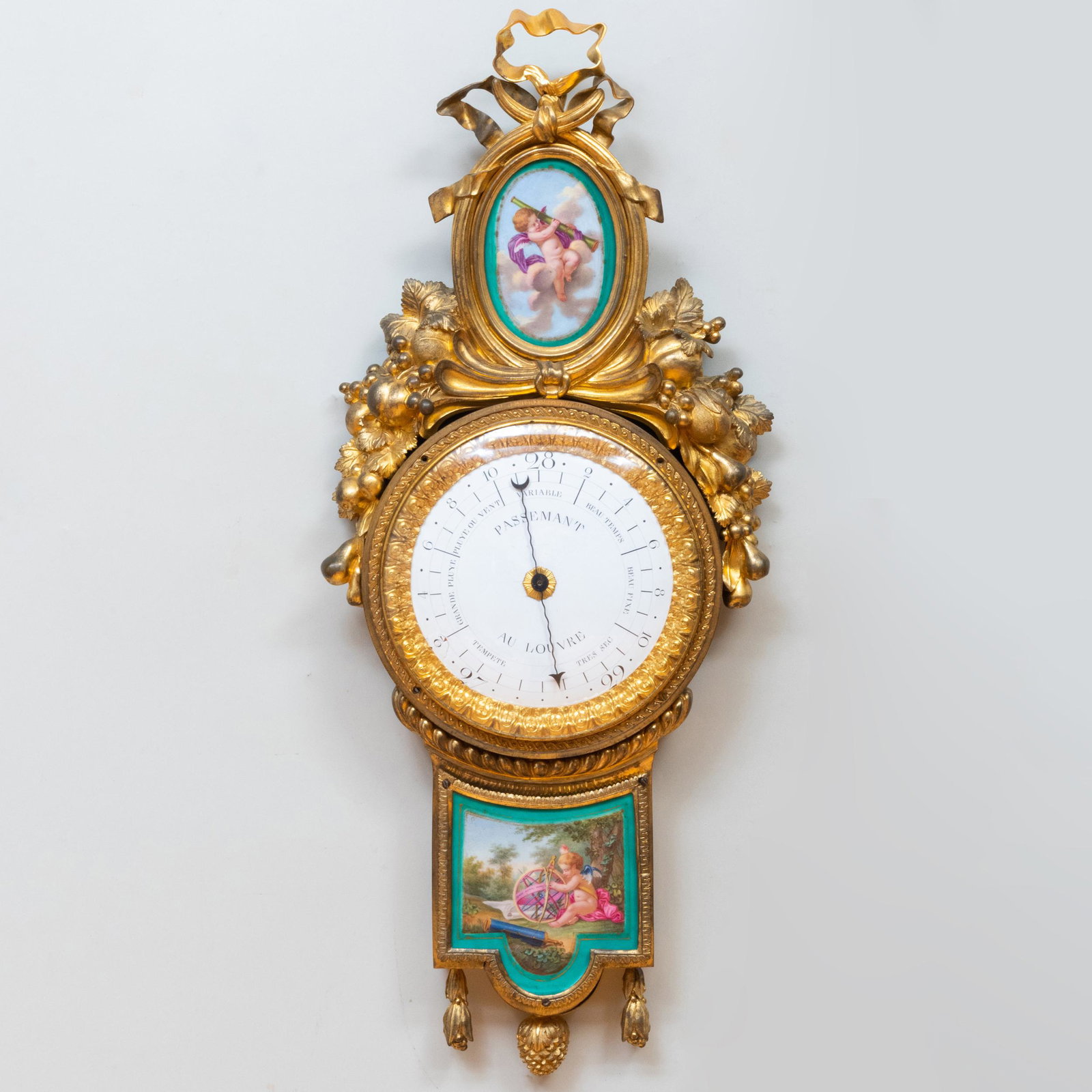 Louis XVI Style Gilt-Bronze-Mounted Sèvres Style Porcelain Barometer: Louis XVI Style Gilt-Bronze-Mounted Sèvres Style Porcelain Barometer The dial signed 'Passement au Louvre'. 27 x 11 in. Property from a Kent, CT Collector