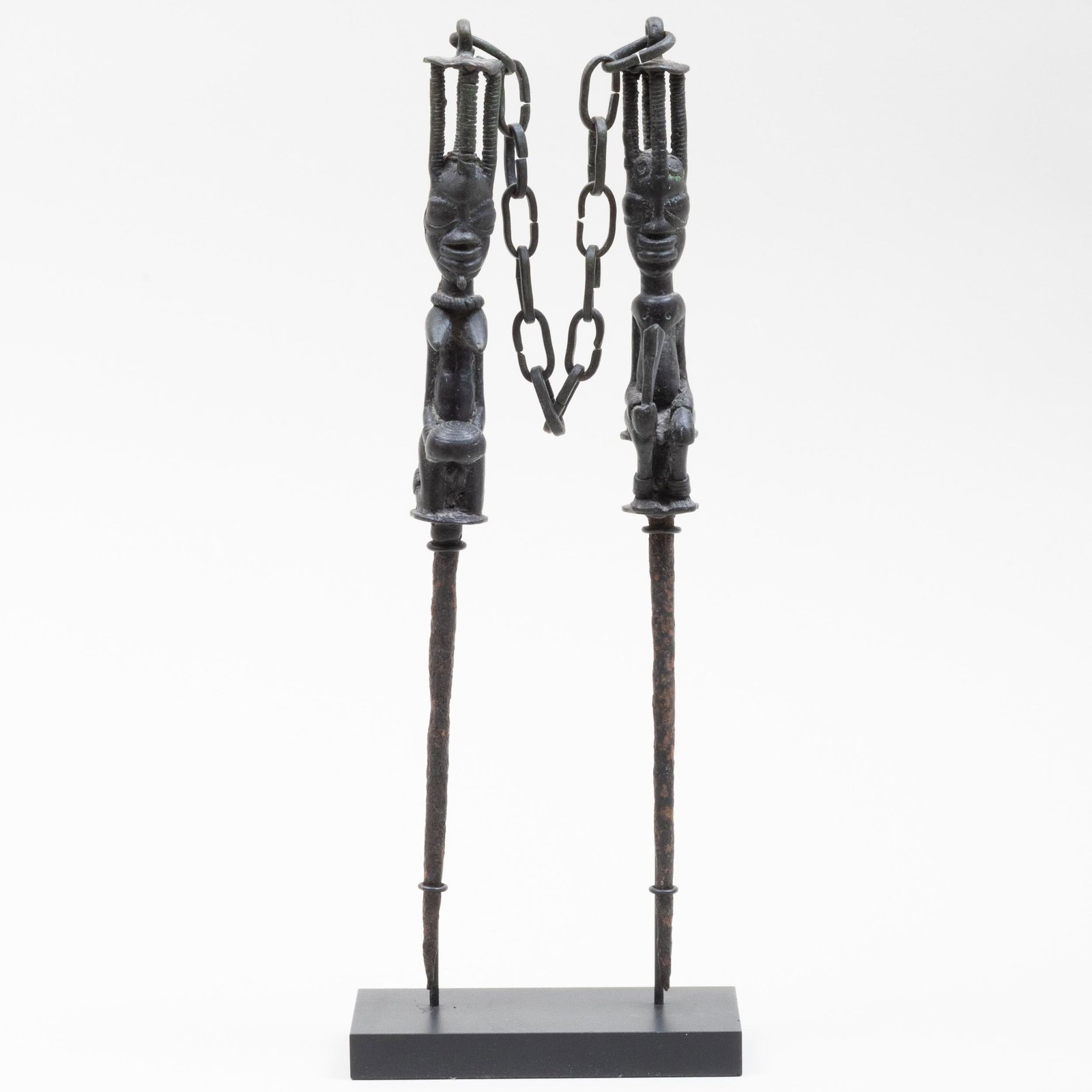 Yoruba Ogboni Edan Staffs, Nigeria: Yoruba Ogboni Edan Staffs, Nigeria Bronze, iron. 13 1/2 x 5 x 2 3/8 in. (overall). Private Belgium Collection, Dr. John Dintenfass, NY; Michael Rhodes African Art, NY, 2003. Property from the Estate o