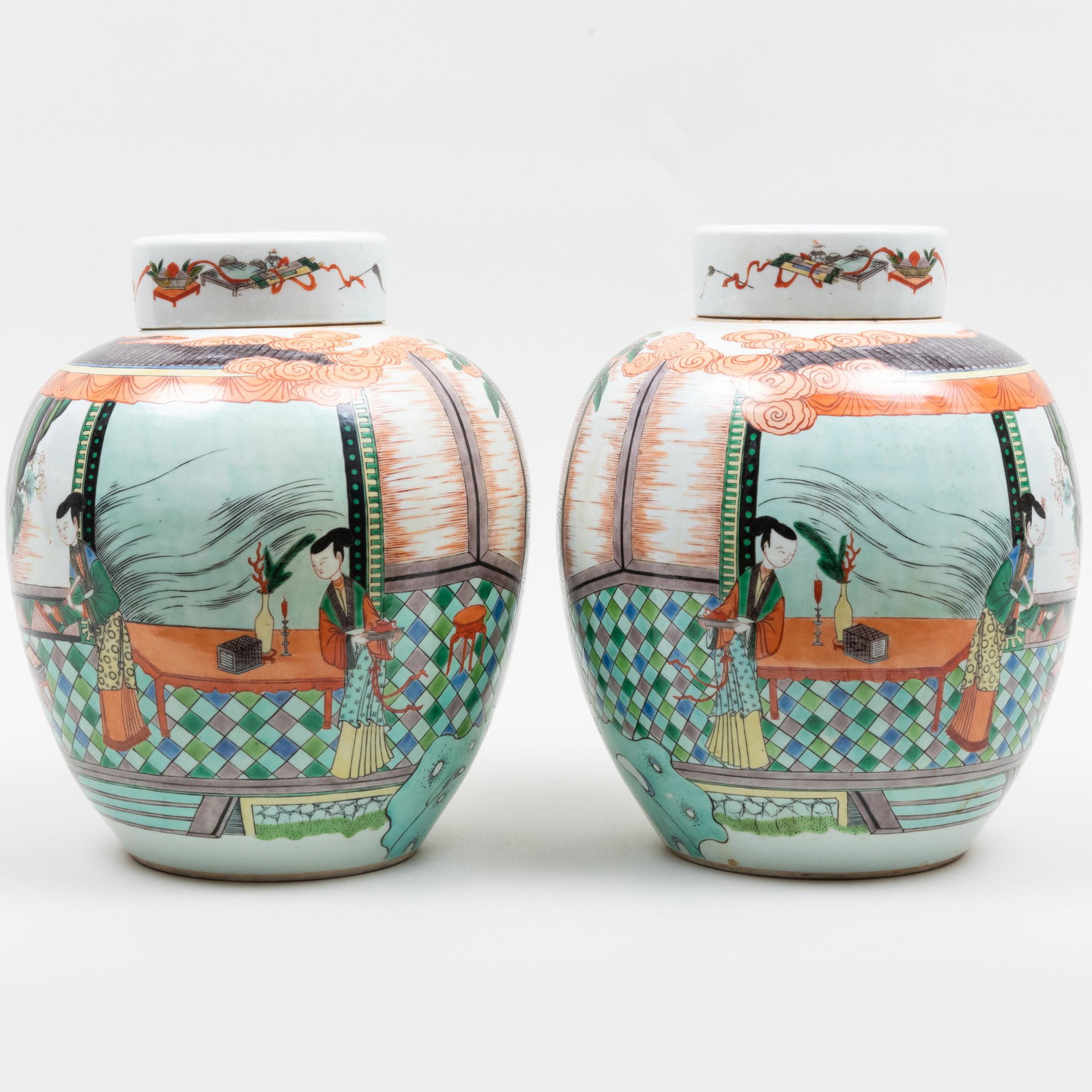 Pair of Chinese Famille Verte Porcelain Ginger Jars and Covers: Pair of Chinese Famille Verte Porcelain Ginger Jars and Covers Blue double circle mark. 13 x 9 1/2 in. diam. (overall). Property from a Kent, CT Collector