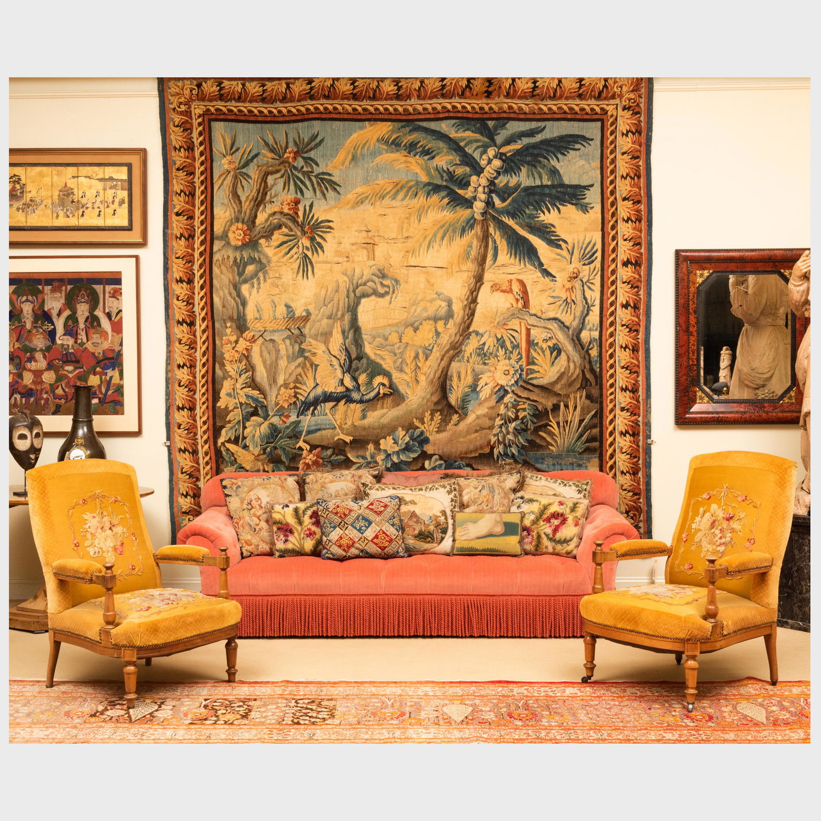 Pale Salmon Tufted Velvet Upholstered Sofa with Fringe: Pale Salmon Tufted Velvet Upholstered Sofa with Fringe 31 1/2 x 7 ft. 9 in. x 36 in., height of seat 15 3/4 in.