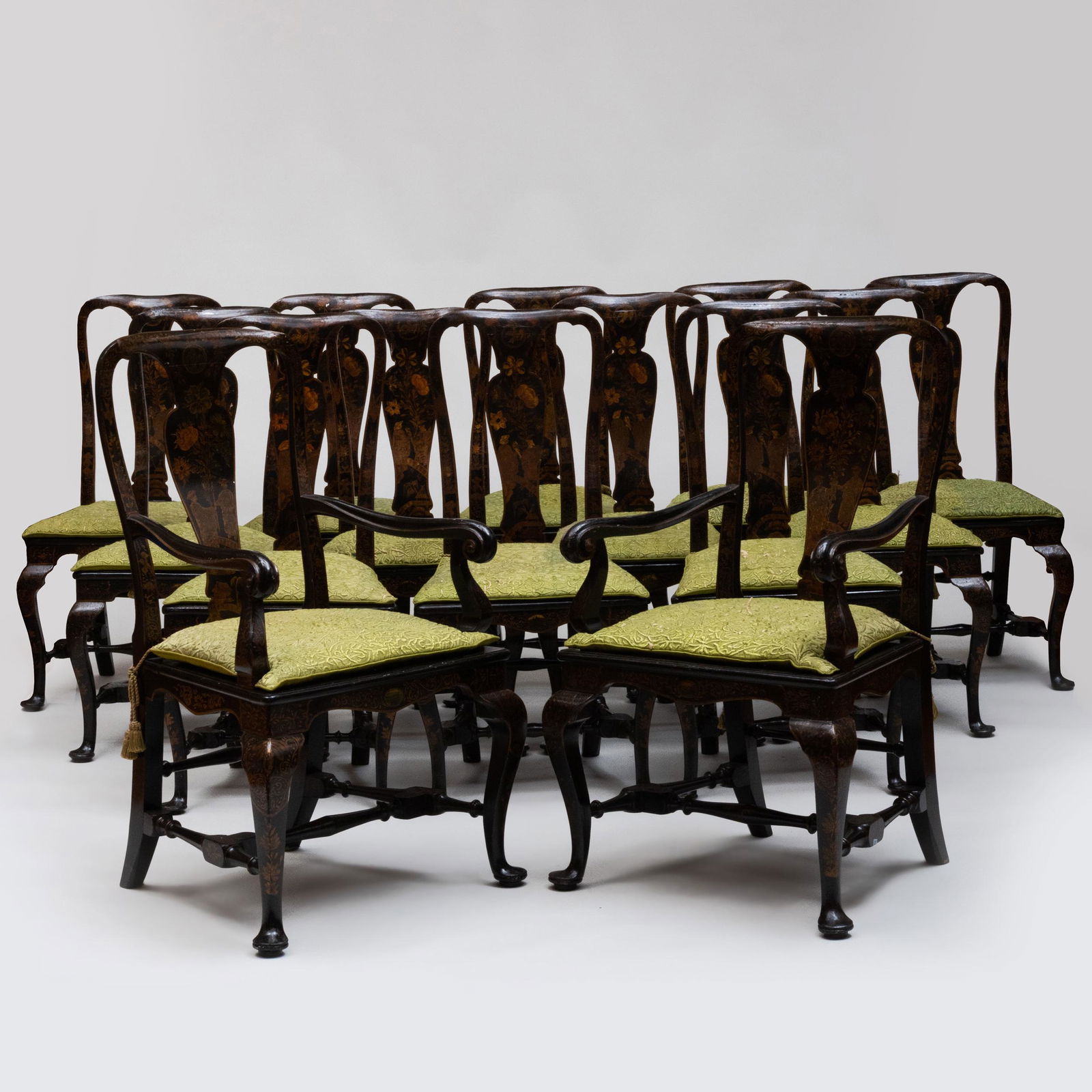 Set of Twelve George II Black Japanned and Parcel-Gilt Dining Chairs, Possibly Dutch: Set of Twelve George II Black Japanned and Parcel-Gilt Dining Chairs, Possibly Dutch Together with two matching modern armchairs. All with caned seats. (14 total). The side chairs: 41 x 20 1/2 x 20 1/