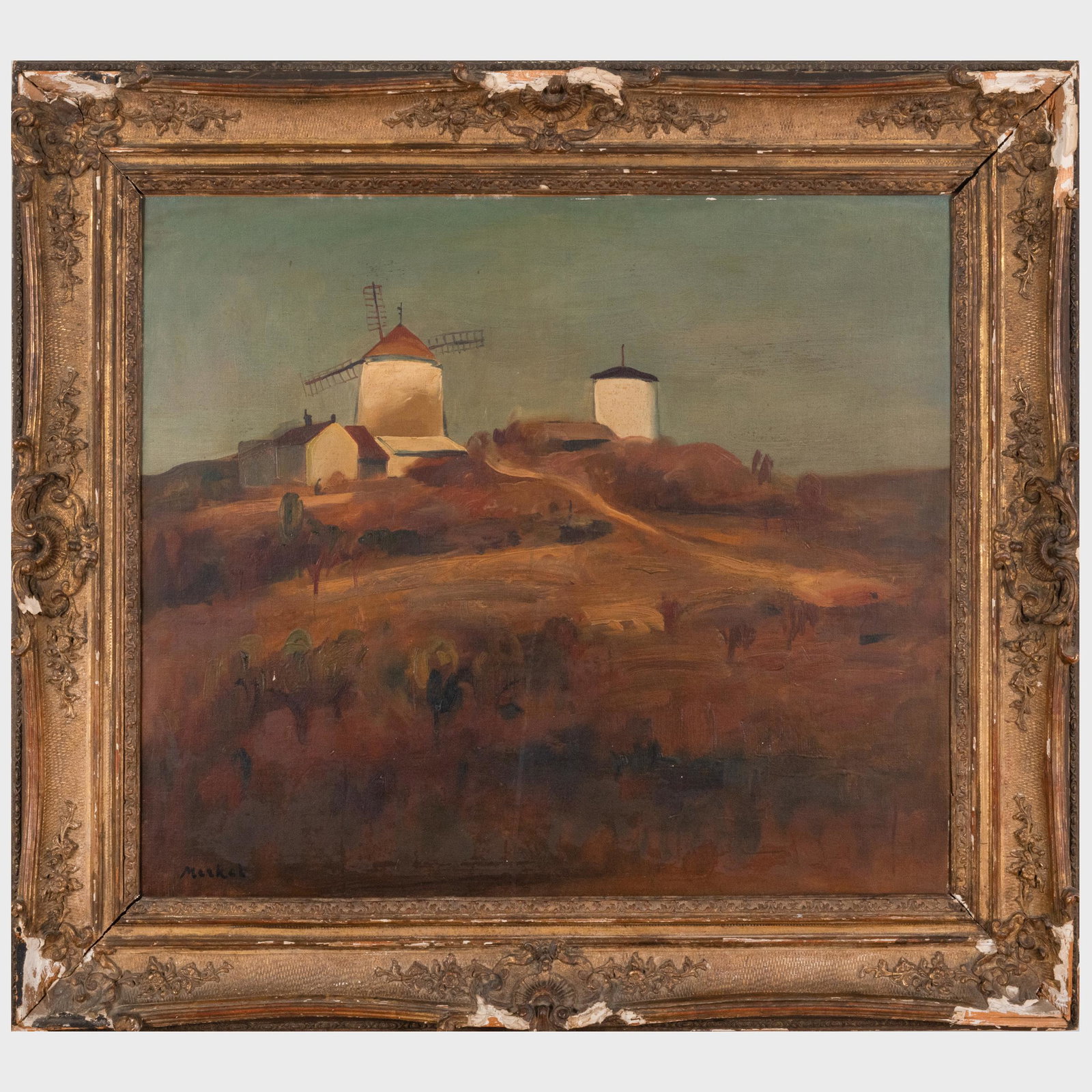 Georg Merkel (1881-1976): Windmill on a Hill: Georg Merkel (1881-1976): Windmill on a Hill Oil on canvas, signed 'Merkel' lower left, lined. 24 x 29 in., 32 x 37 1/2 in. (frame). Property from the Estate of Ernest Kafka