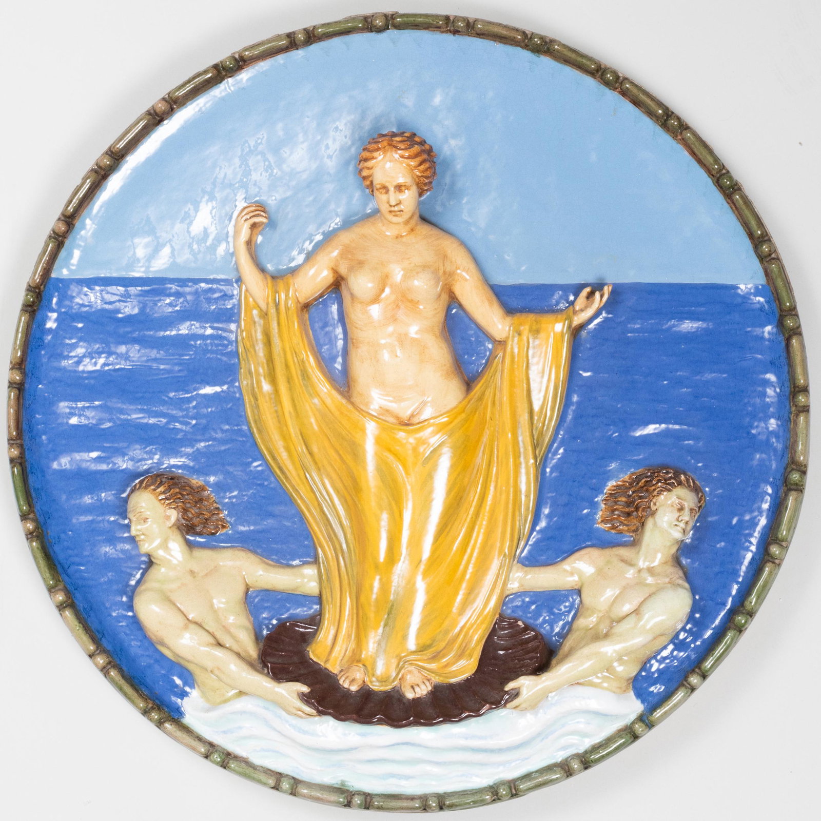 Della Robbia Style Glazed Earthenware Roundel Depicting Venus: Della Robbia Style Glazed Earthenware Roundel Depicting Venus Unsigned. 44 in. diam.