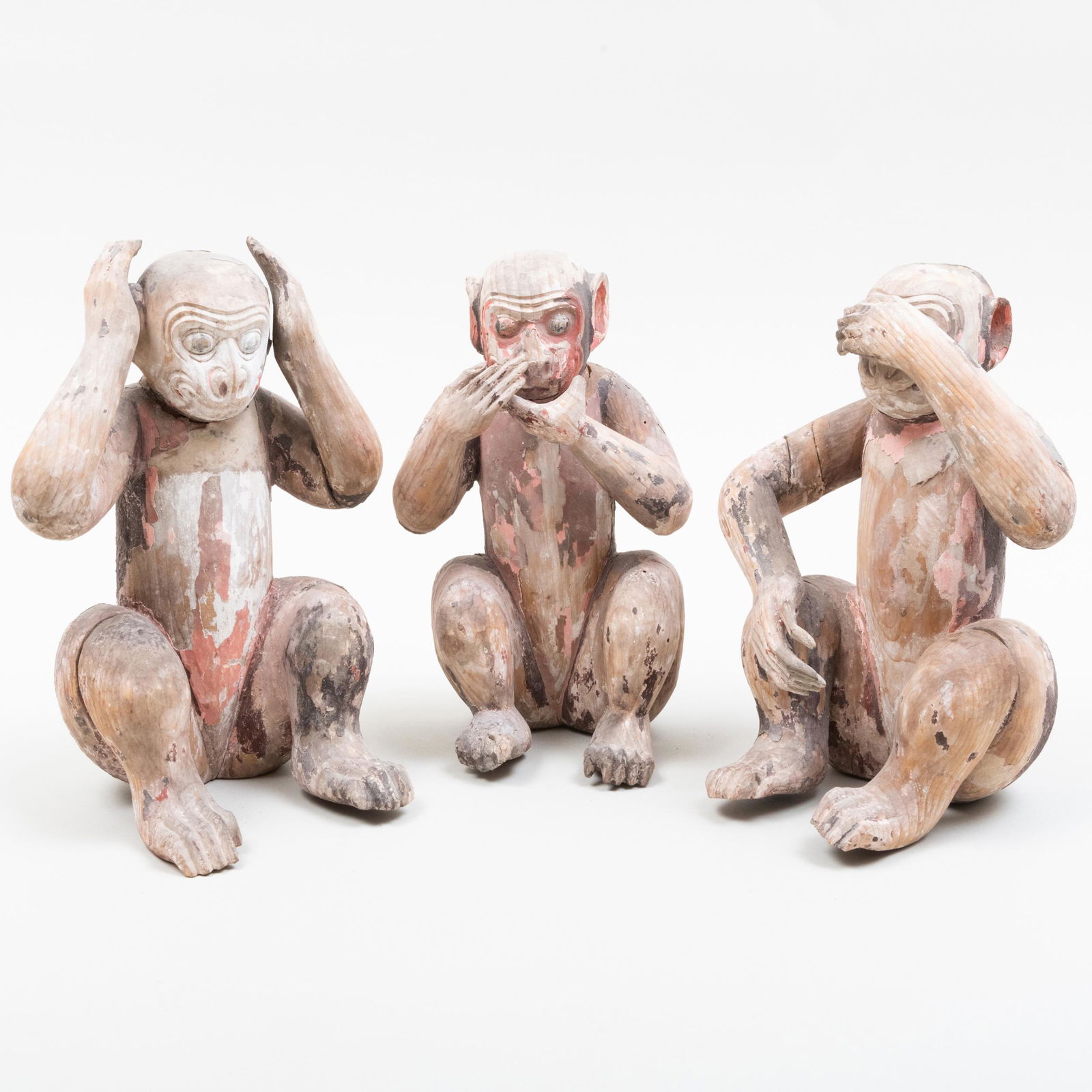 Three Japanese Polychromed Wood Sculptures of Monkeys 'Hear No Evil, Speak No Evil, See No Evil' (1 of 11)