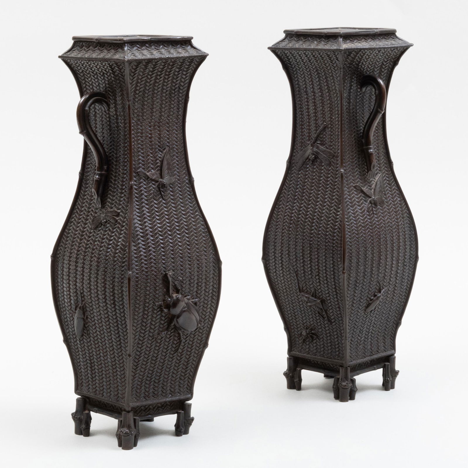 Pair of Japanese Patinated-Bronze Square Vases (1 of 10)