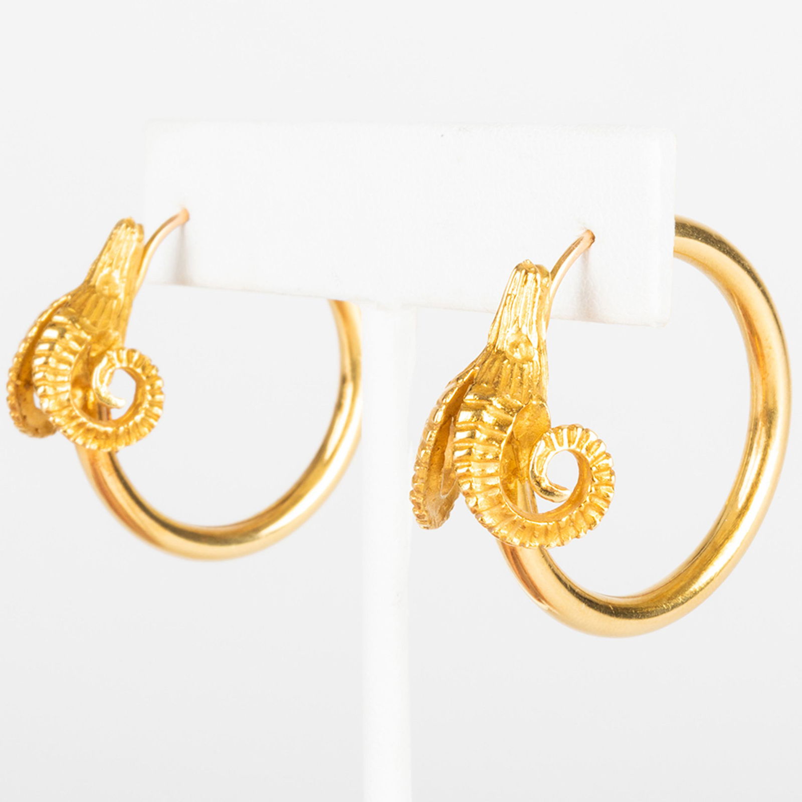 Pair of 18k Gold Ram's Head Hoop Earrings (1 of 6)