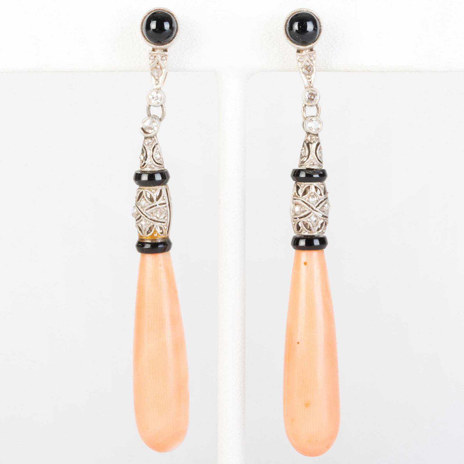 Pair of Platinum, 14k Gold, Coral, Onyx and Diamond Earclips (1 of 6)