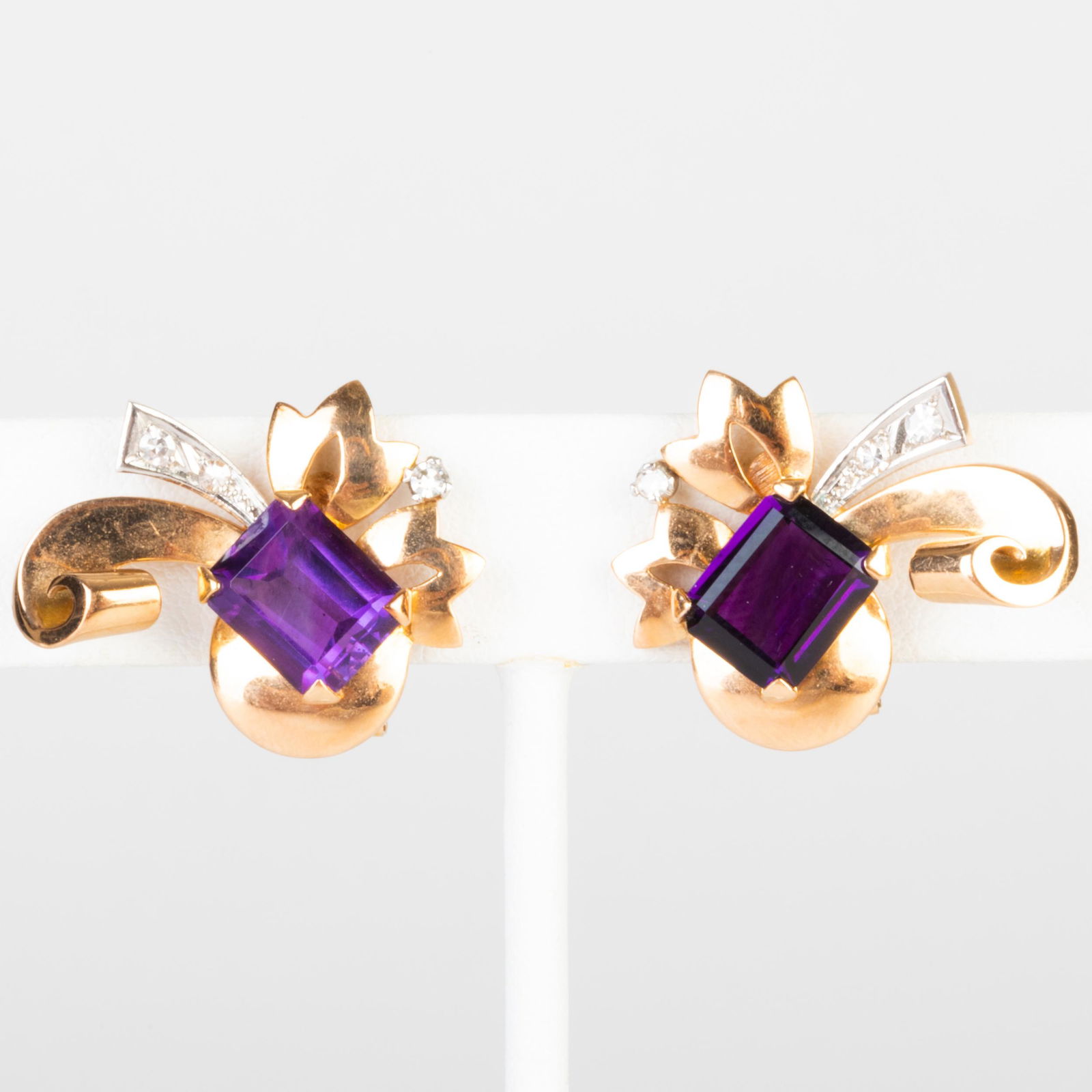 Pair of 14k Gold, Amethyst and Diamond Bow Earclips (1 of 5)