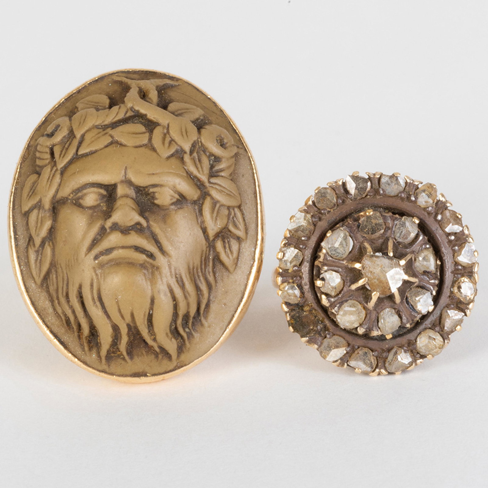 Two Miscellaneous Rings: Two Miscellaneous Rings One cameo, and one diamond ring, both marked '14k'. Size 7 and 5 1/2, 14 dwts. Property from the Estate of Ernest Kafka