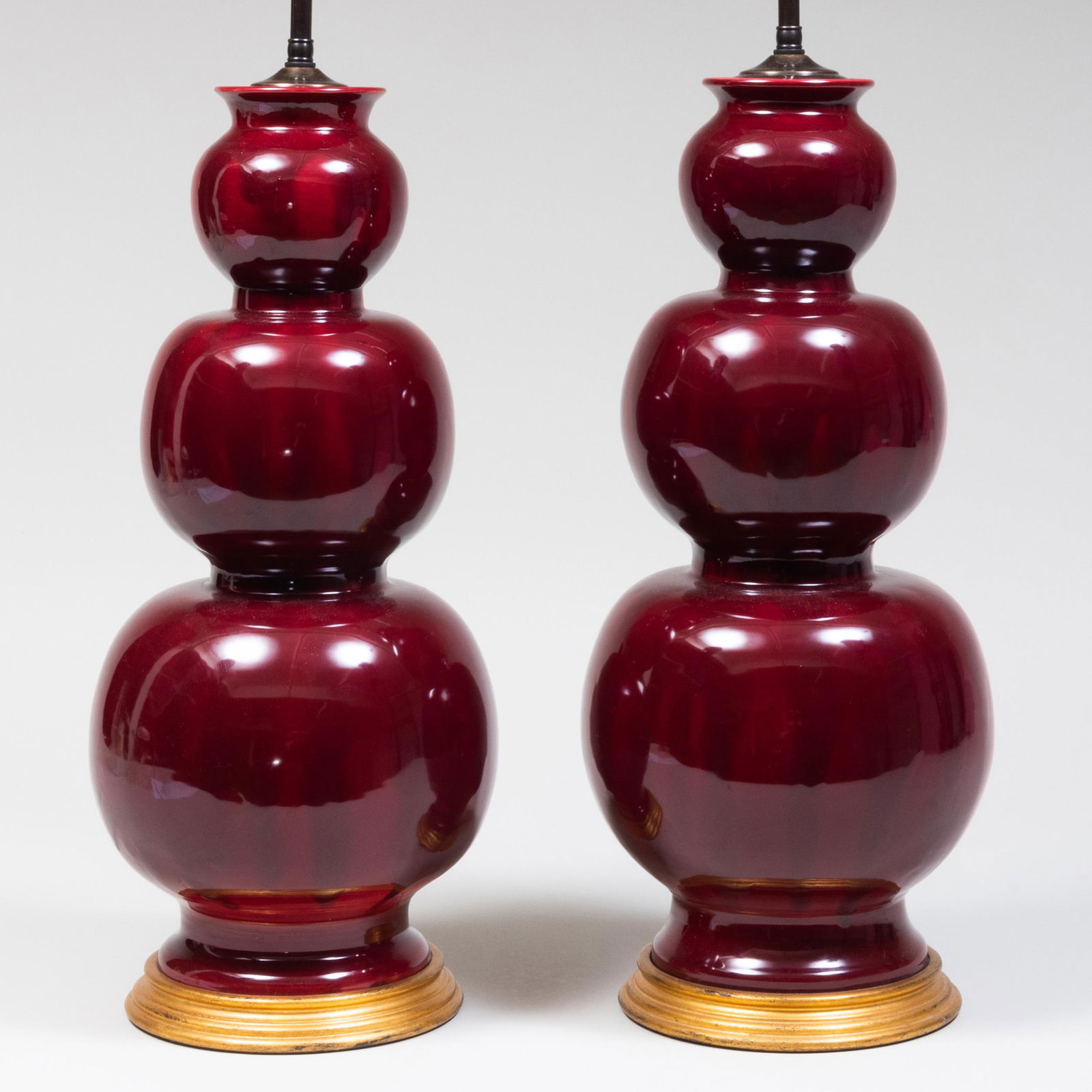 Pair of Gourd Shaped Red Glazed Pottery Vases Mounted as Lamps (1 of 5)