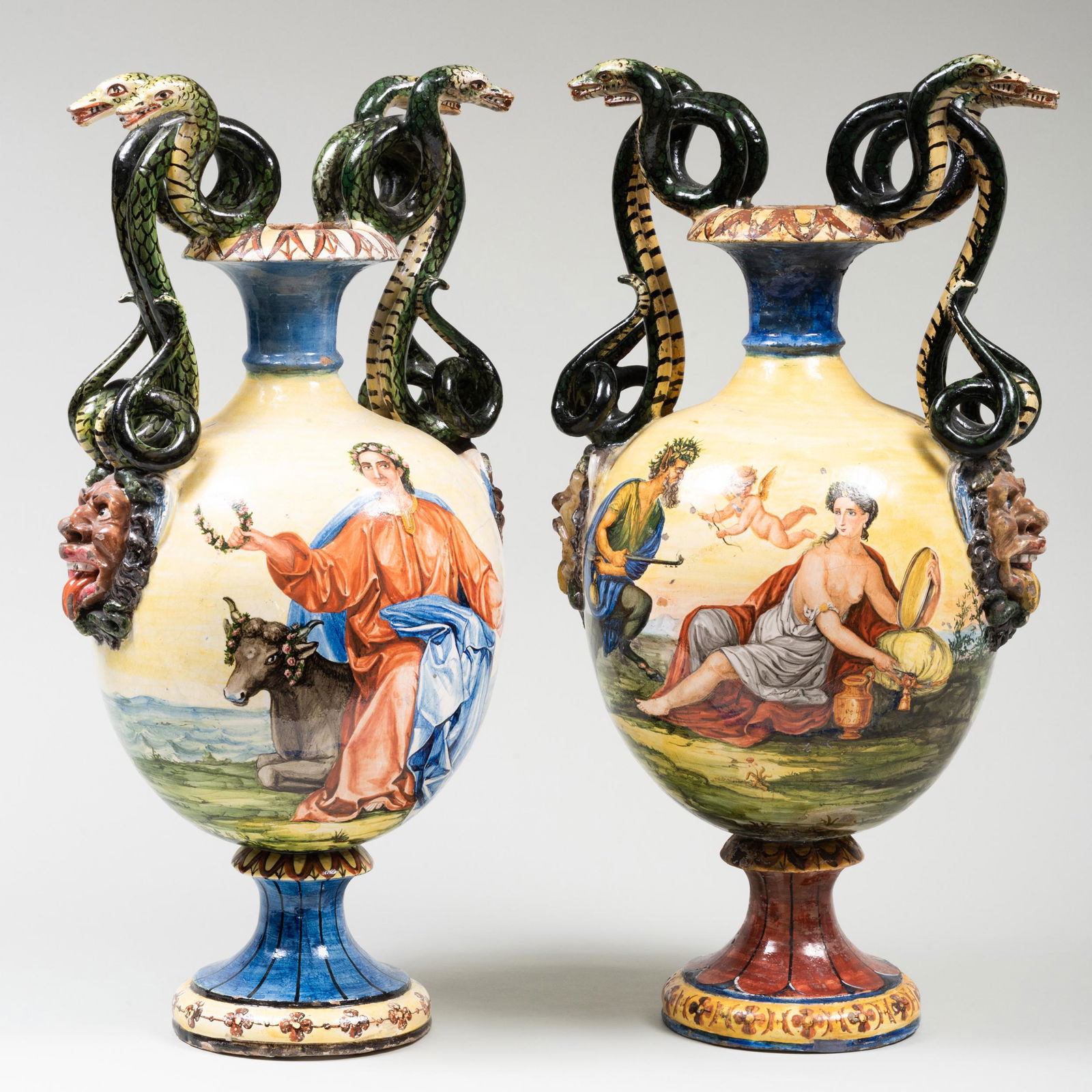 Pair of Continental Majolica Twin Snake Handle Vases Decorated with Mythological Scenes (1 of 20)