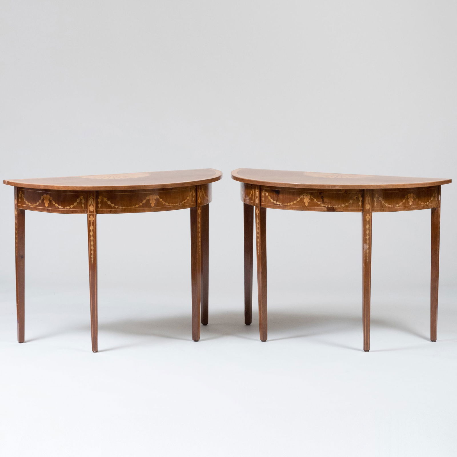 Pair of George III Style Inlaid Mahogany Satinwood Demilune Tables (1 of 6)