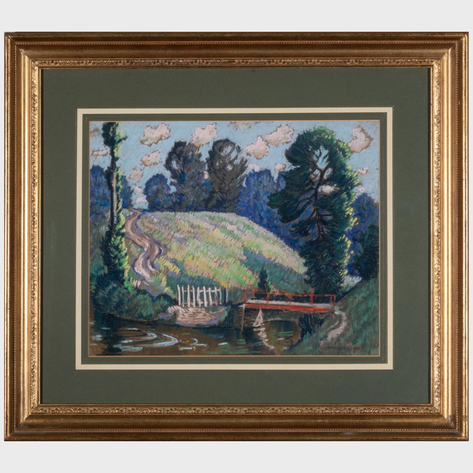 Norman Lloyd (1894-1983): Creekside: Norman Lloyd (1894-1983): Creekside Colored chalk on green/grey paper, signed 'Norman Lloyd' lower right. 12 1/2 x 15 1/2 in. (sight), 22 x 25 in. (frame).
