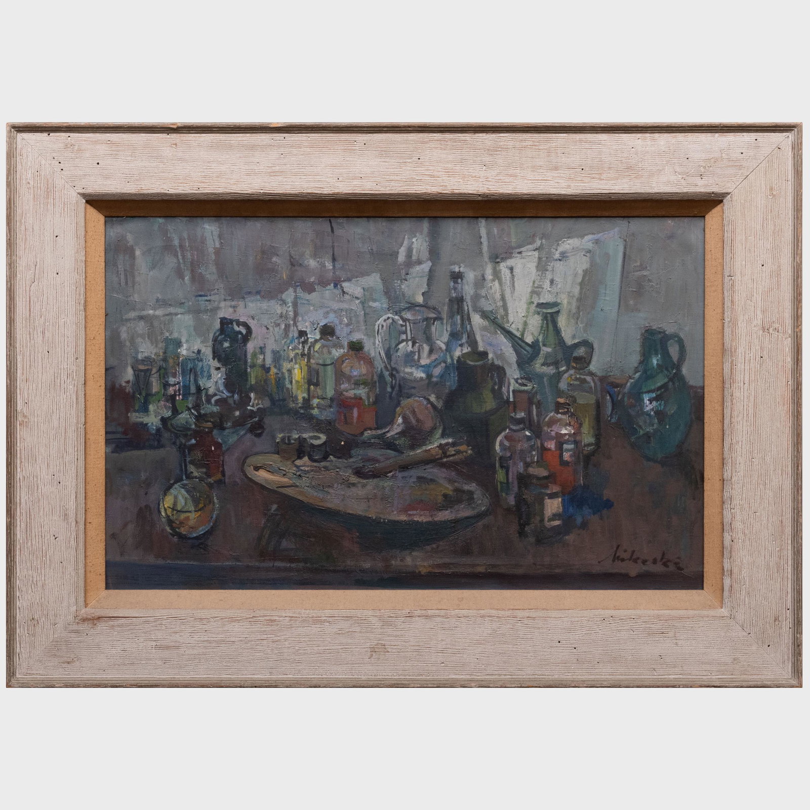 20th Century School: Still Life: 20th Century School: Still Life Oil on canvas, indistinctly signed lower right. 20 x 32 in., 29 x 41 in. (frame). Property Formerly in the Collection of Doris Gottlieb Brickner and Dr. Manuel Gottlieb