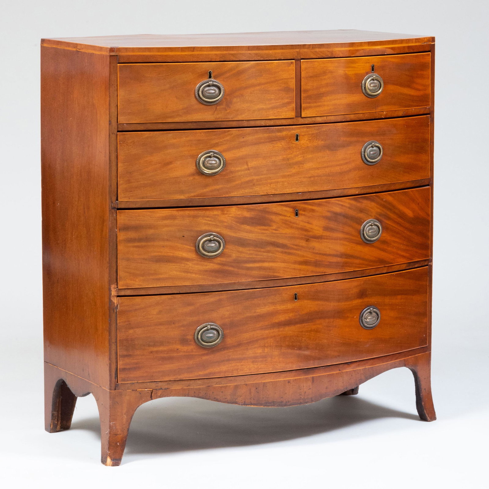 George III Inlaid Mahogany Chest of Drawers, Stamped Flashman & Co., Dover: George III Inlaid Mahogany Chest of Drawers, Stamped Flashman & Co., Dover Fitted with a paper label 'From Flashman & Co. Upholsterers to Queen Victoria, Dover'. 42 x 39 1/2 x 20 in. Property from the