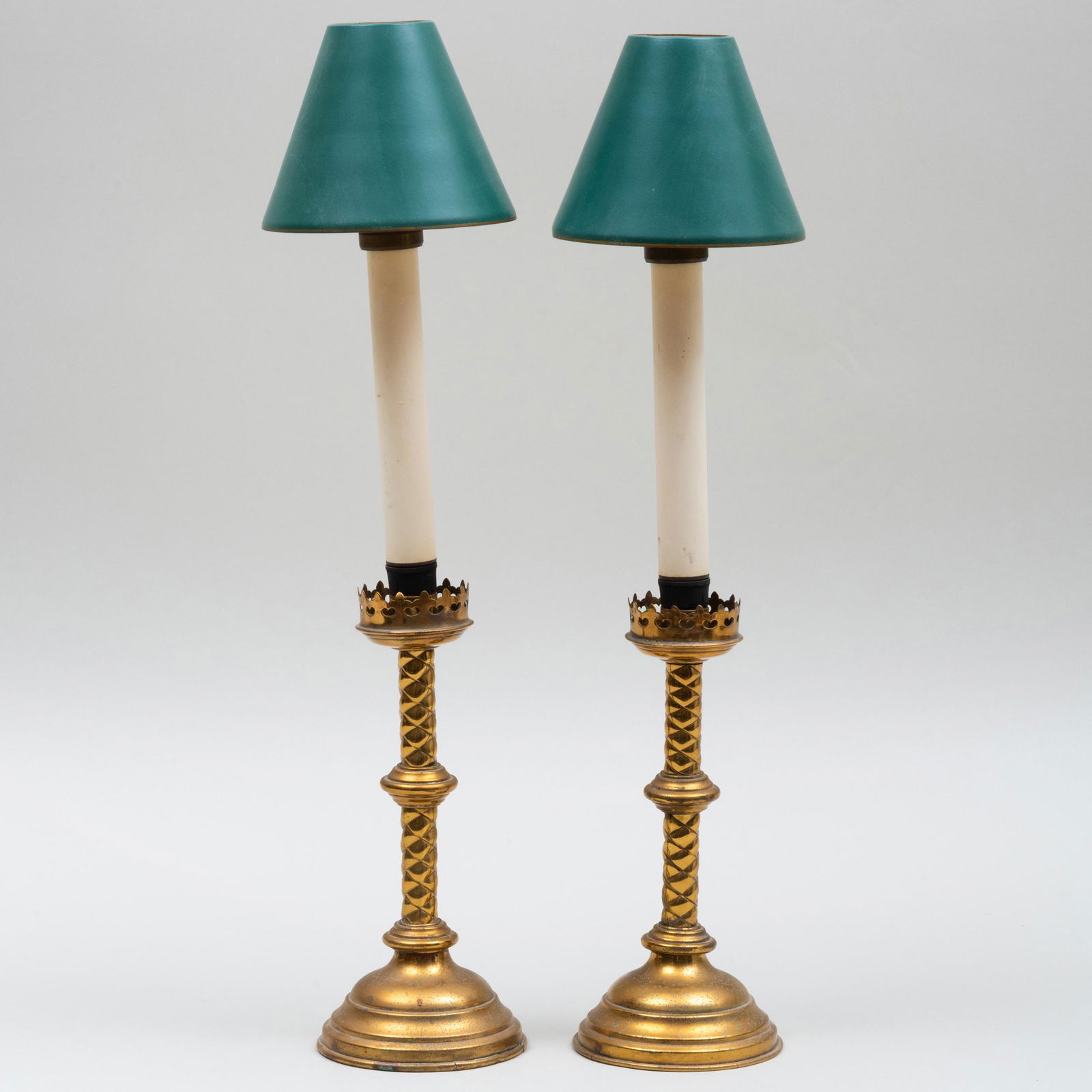 Pair of Gothic Brass Candlesticks with Tôle Shades (1 of 7)