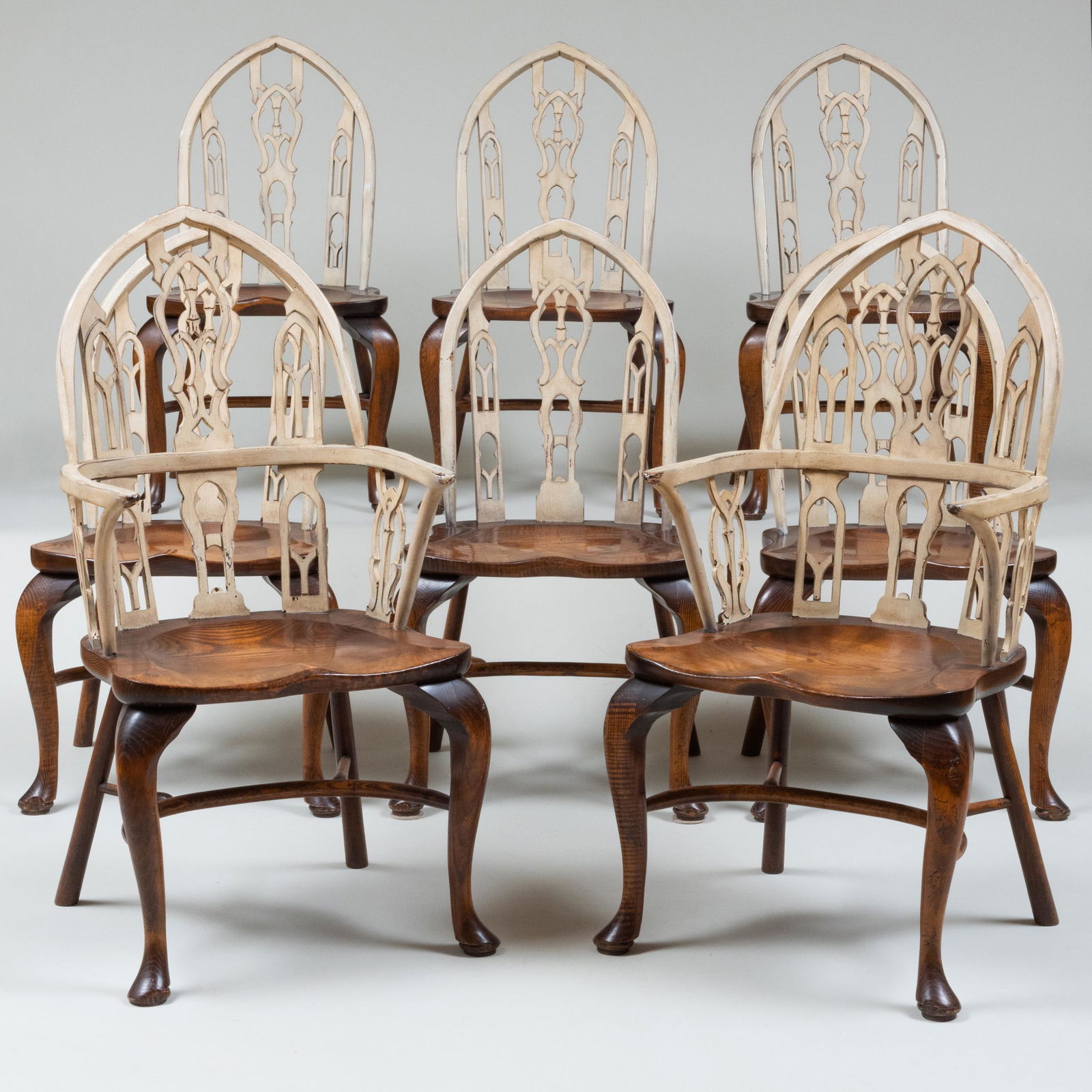 Set of Eight Neo-Gothic Style White Painted Elm Dining Chairs (1 of 12)