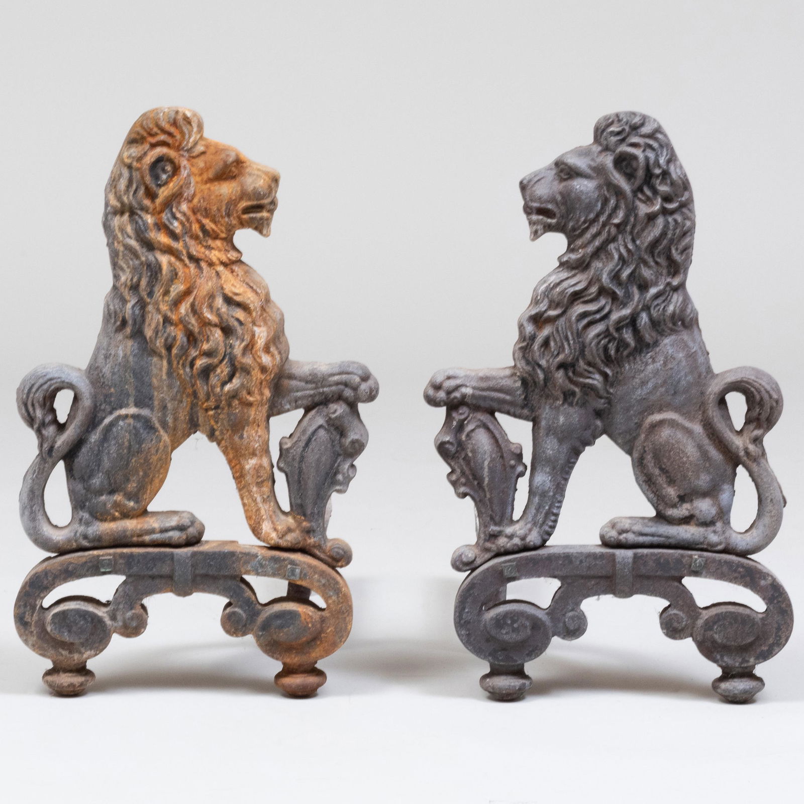 Pair of Demi Rampant Lion Form Andirons: Pair of Demi Rampant Lion Form Andirons The Collection of Mary B. Schwab, Stoneleigh Horse Farm, Middleburg, VA.