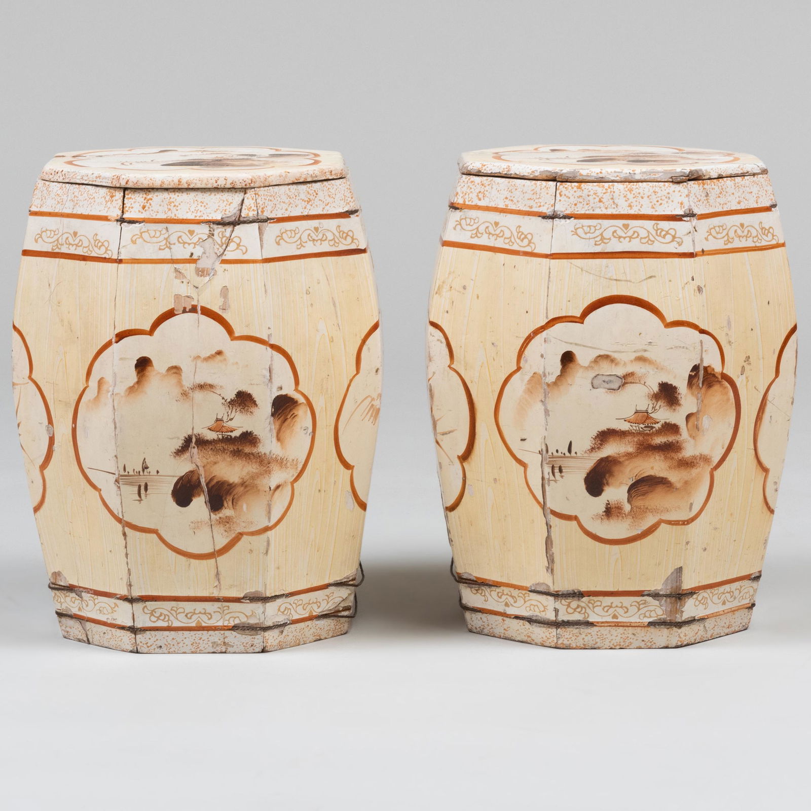 Pair of Chinoiserie and Grain Painted Pine Octagonal Garden Seats (1 of 9)