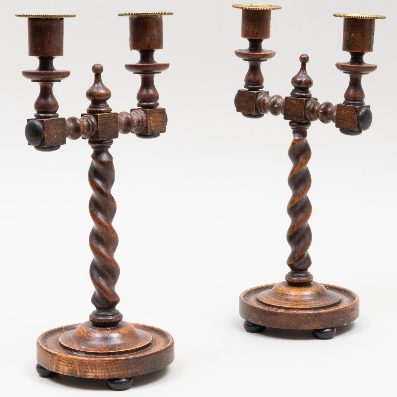 Pair of English Rustic Oak Barley Twist Two-Light Candelabra: Pair of English Rustic Oak Barley Twist Two-Light Candelabra 13 1/2 x 7 x 5 in. The Collection of Mary B. Schwab, Stoneleigh Horse Farm, Middleburg, VA.