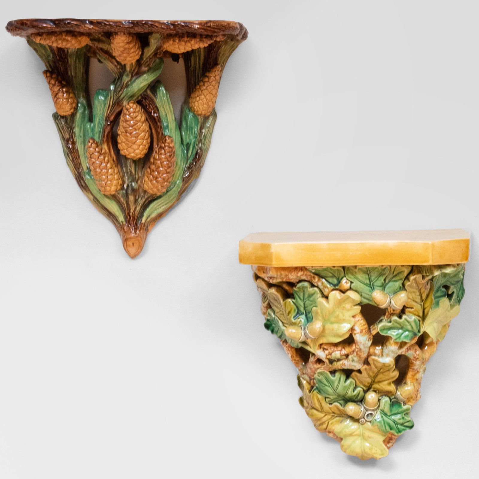 Brownfield Glazed Majolica Bracket and another Majolica Bracket: Brownfield Glazed Majolica Bracket and another Majolica Bracket The first with impressed mark. The first 9 x 8 3/4 x 6 in., the second 9 x 9 x 6 in. The Collection of Mary B. Schwab, Stoneleigh Horse 