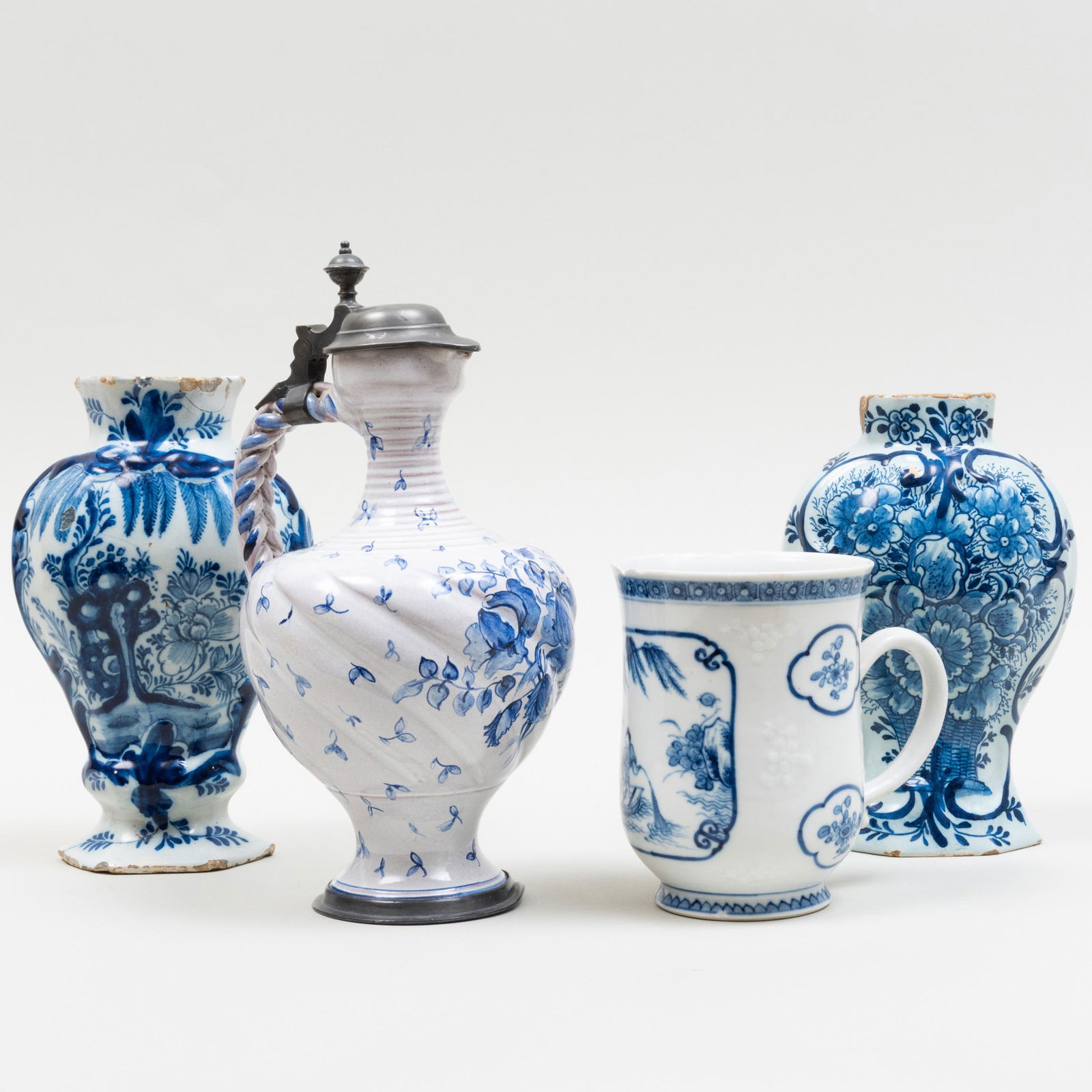 Two Blue and White Delft Vases, a Pewter-Mounted Ewer and a Chinese Export Porcelain Vase (1 of 18)