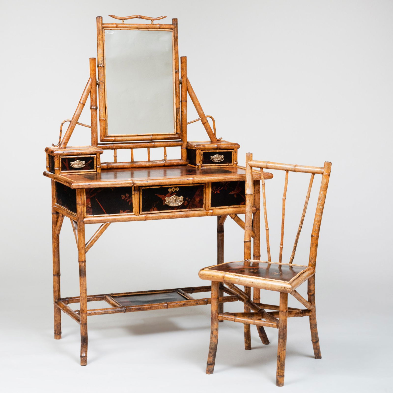 Aesthetic Movement Bamboo, Black Japanned and Parquetry Dressing Table with Matching Side Chair (1 of 20)