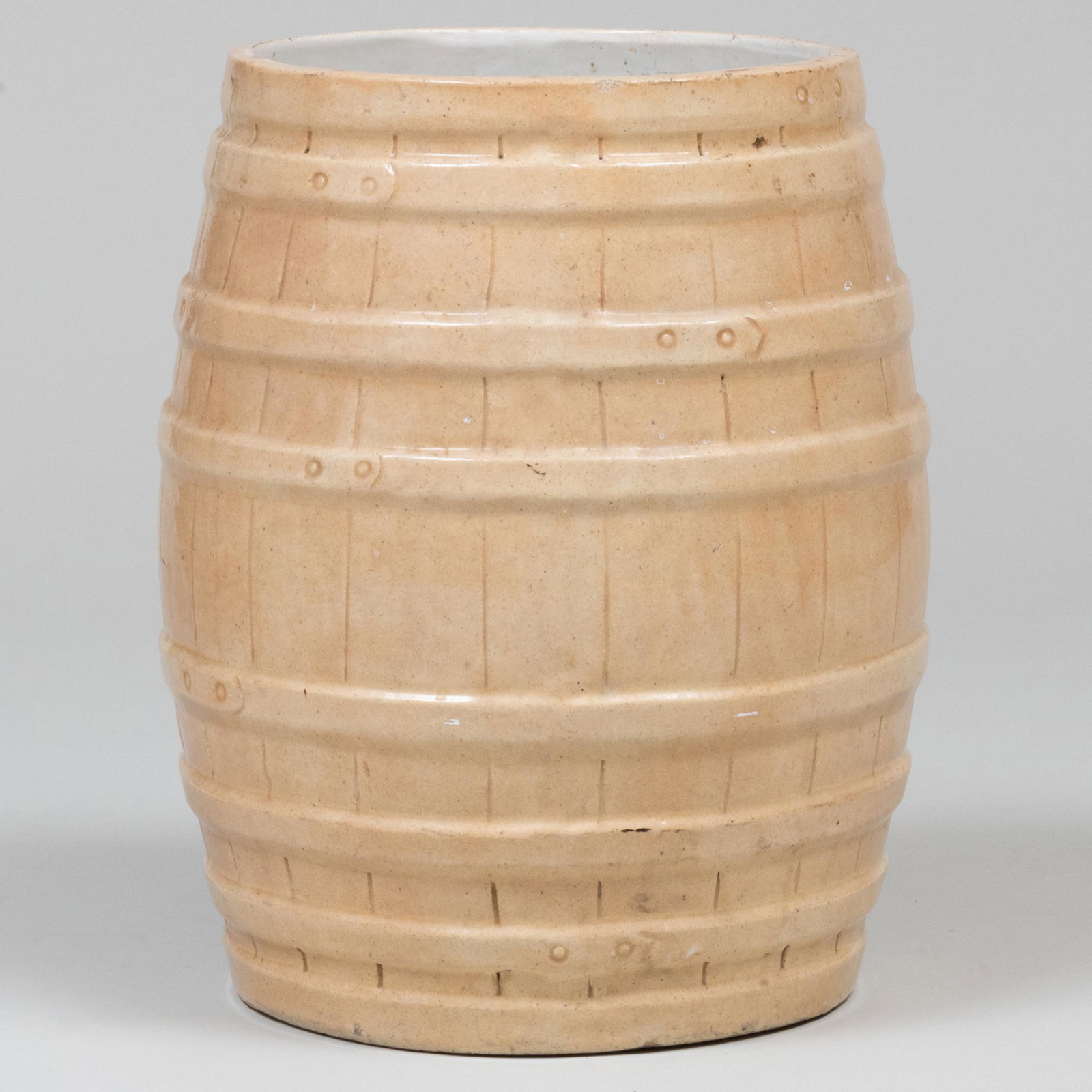 English Glazed Earthenware Model of a Barrel: English Glazed Earthenware Model of a Barrel Unmarked. 19 1/4 x 13 1/2 in. diam. The Collection of Mary B. Schwab, Stoneleigh Horse Farm, Middleburg, VA.