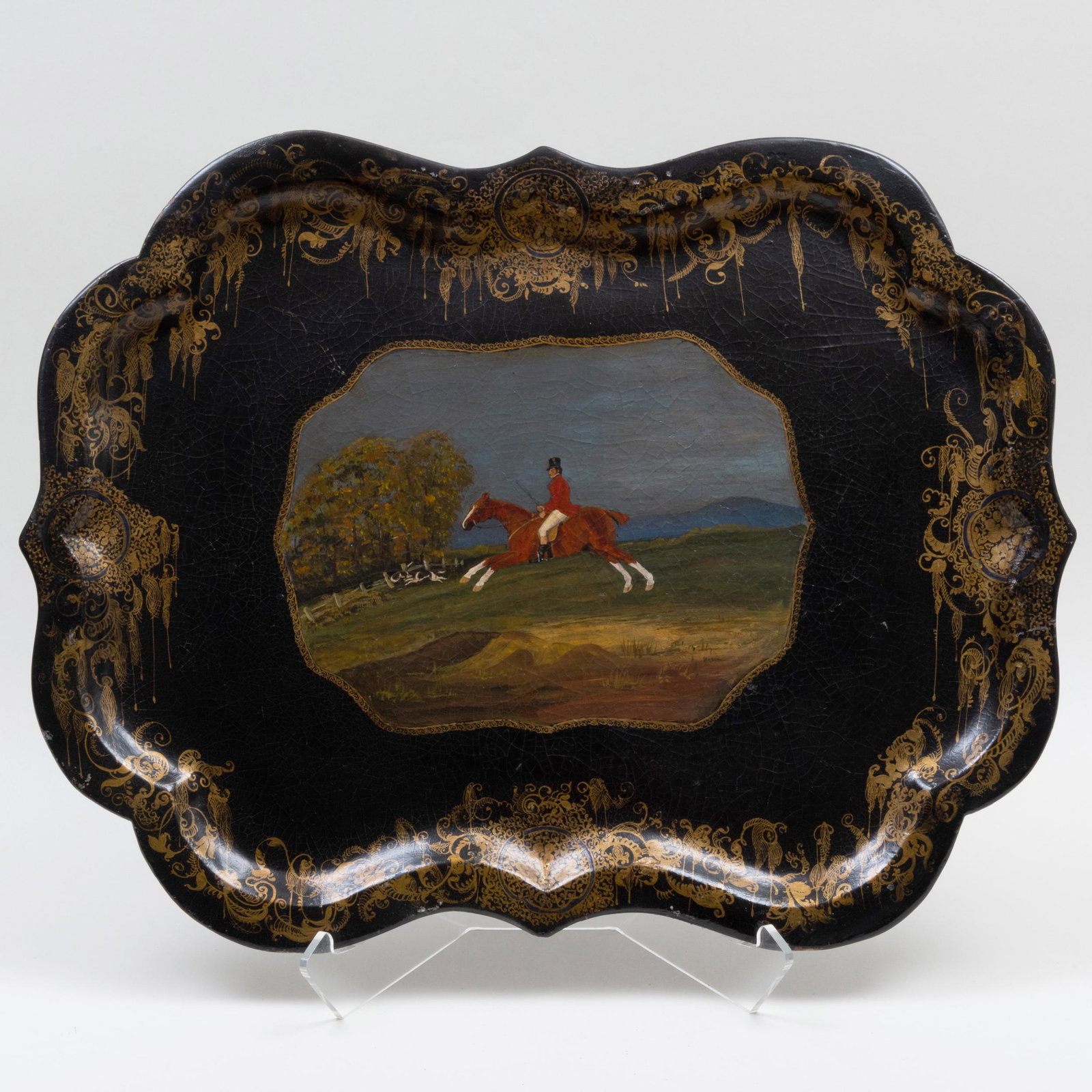 English Black Painted and Parcel-Gilt Papier Mâché Hunt Tray: English Black Painted and Parcel-Gilt Papier Mâché Hunt Tray 23 x 30 in. The Collection of Mary B. Schwab, Stoneleigh Horse Farm, Middleburg, VA.