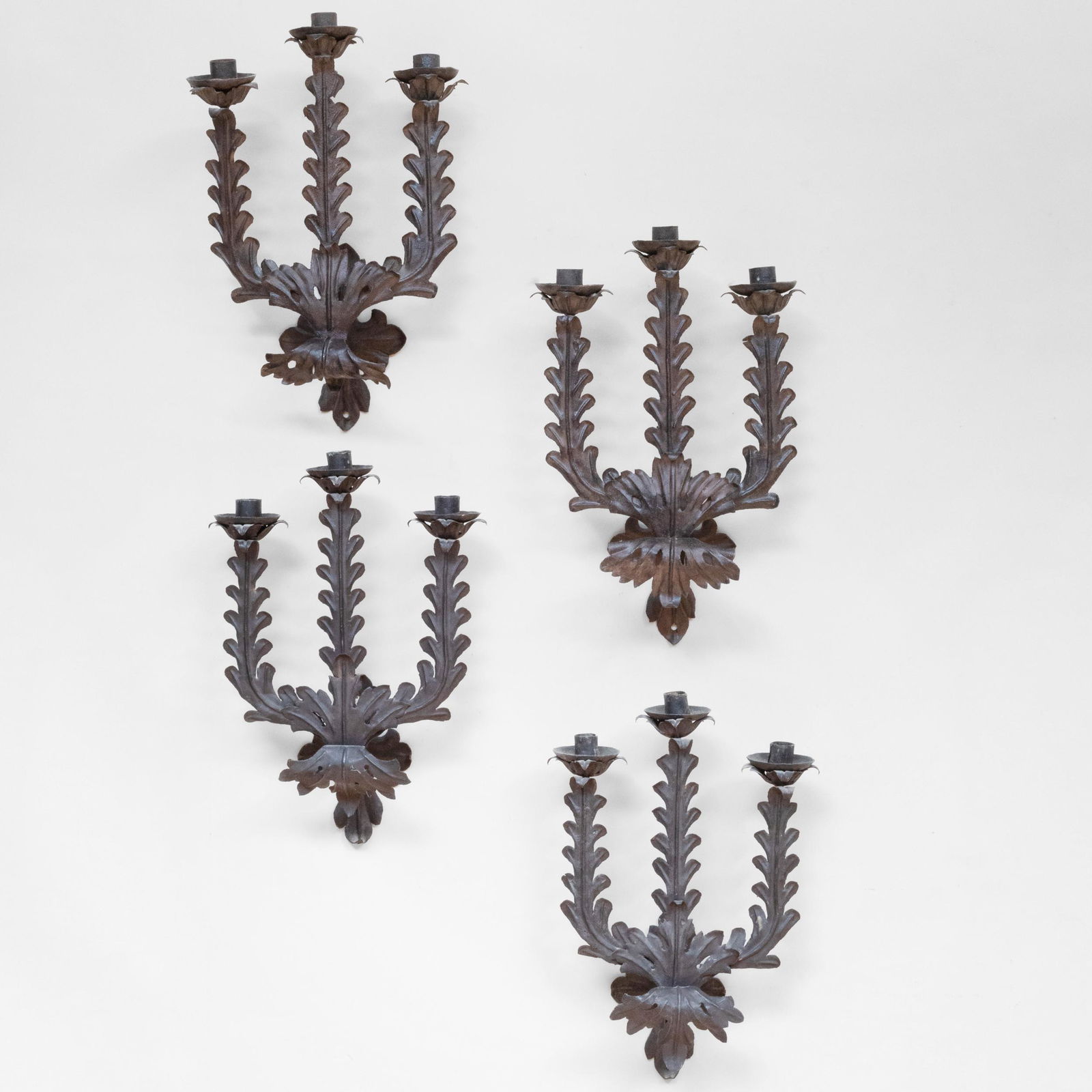 Set of Four Rustic Metal Three-Light Sconces (1 of 6)