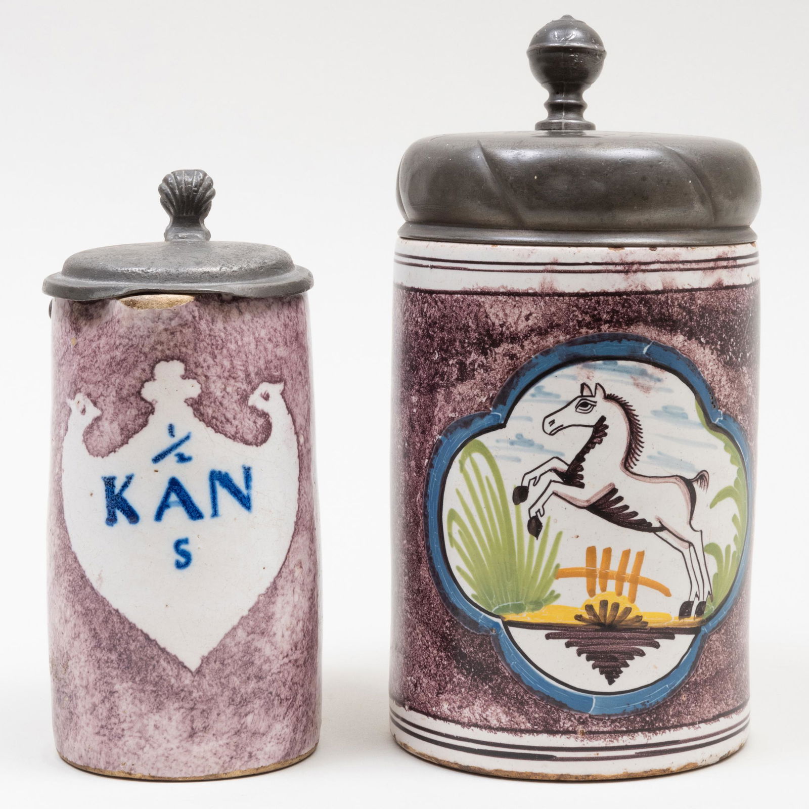 Pair of Pewter Mounted Continental Faience Tankards (1 of 15)