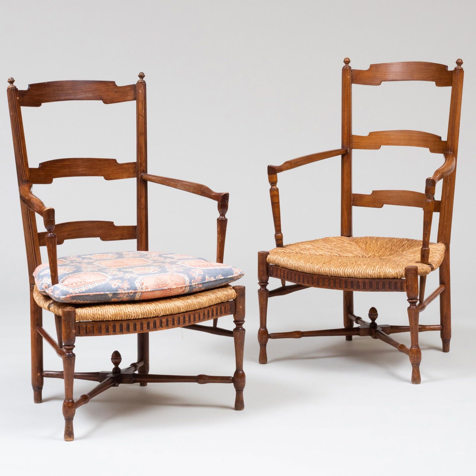 Pair of Fruitwood Ladder Back Armchairs with Rush Seats (1 of 9)