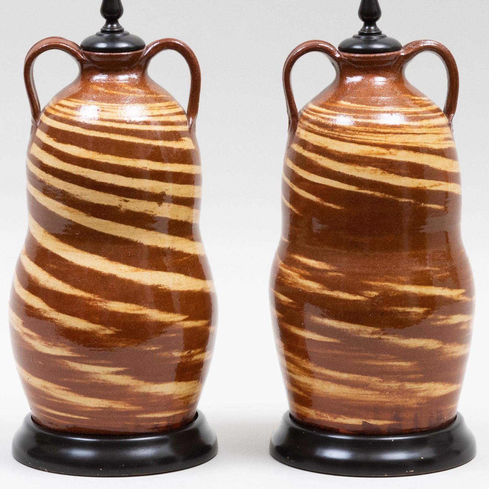 Pair of Glazed Earthenware Slip Decorated Jars Mounted as Lamps (1 of 5)