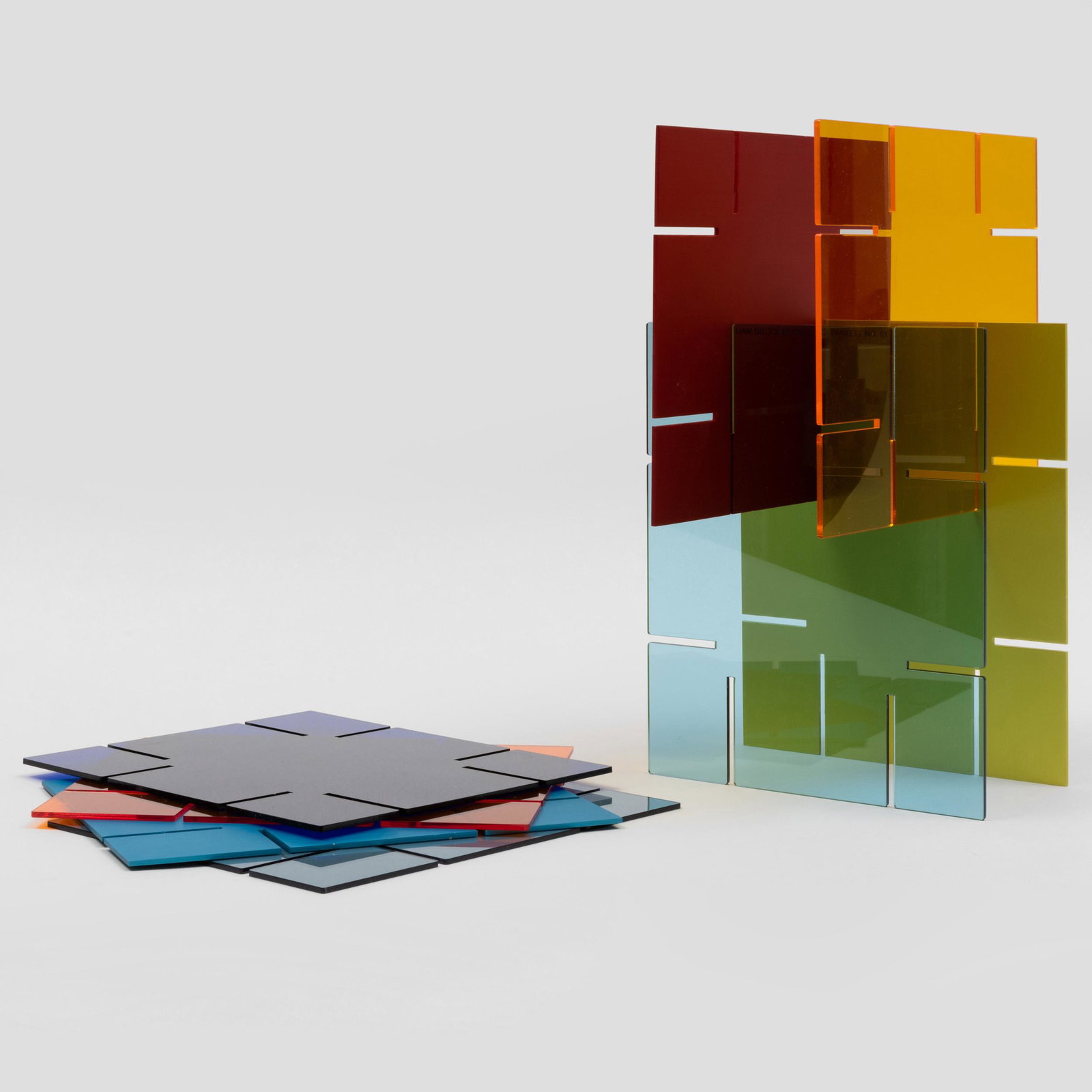 Liam Gillick (b. 1964): Literally No Place: Liam Gillick (b. 1964): Literally No Place Perpsex and aluminum construction, 2000, printed 'Liam Gillick for Parkett No. 61' on the aqua blue element, number 36/70. Each piece 8 3/8 x 10 in. 