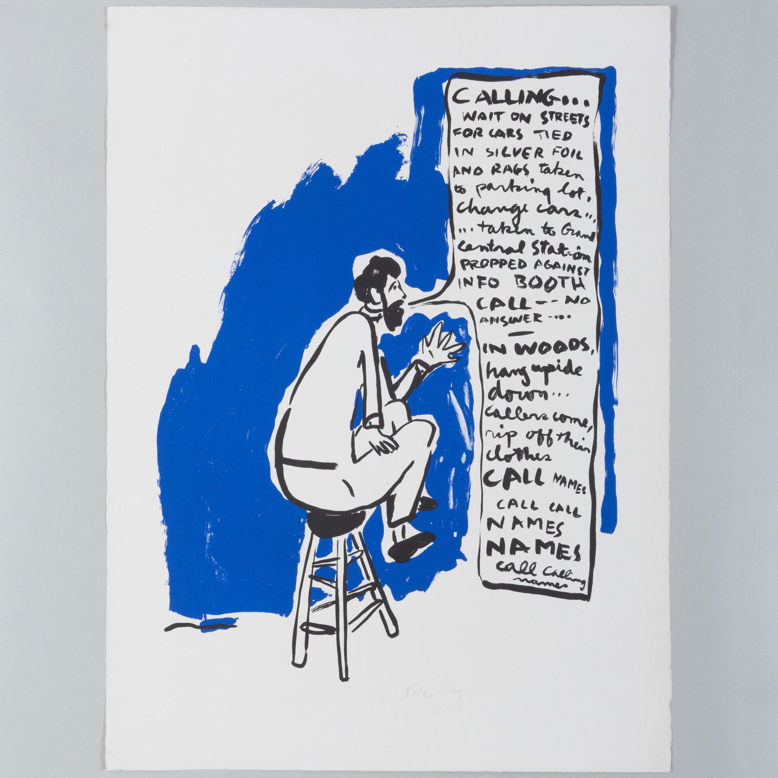 Allan Kaprow (1927-2006): Calling: Allan Kaprow (1927-2006): Calling Lithograph in blue and black on Rives, 1965, signed and numbered 72/75 in pencil. 30 x 22 in. (sheet), unframed. Works from the Collection of Virginia Zabriskie