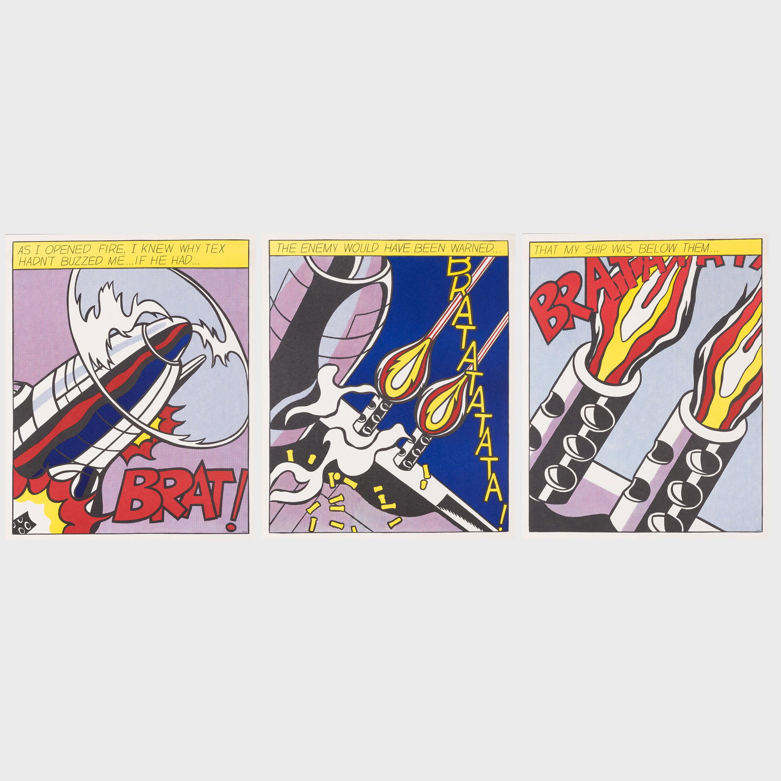 Roy Lichtenstein (1923-1997): As I Opened Fire: Roy Lichtenstein (1923-1997): As I Opened Fire The set of three offset lithographs in color son heavy wove paper, 1997, with the Stedelijk Museum inkstamp on the reverse. Each 25 x 20 3/4 in. (she