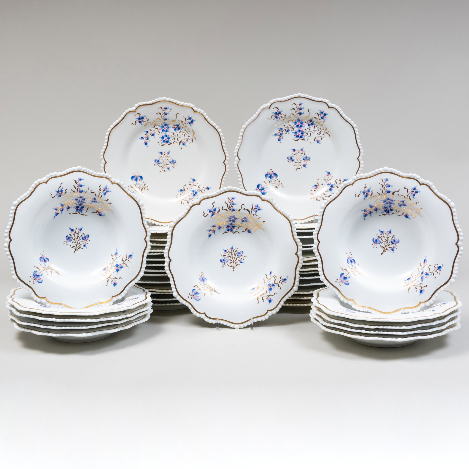 English John Mortlock Porcelain Part Service: English John Mortlock Porcelain Part Service Puce printed mark. Thirty dinner plates Eleven soup plates The dinner plates 10 in. diam., (41 pcs). Property from the Estate of Ernest Kafka