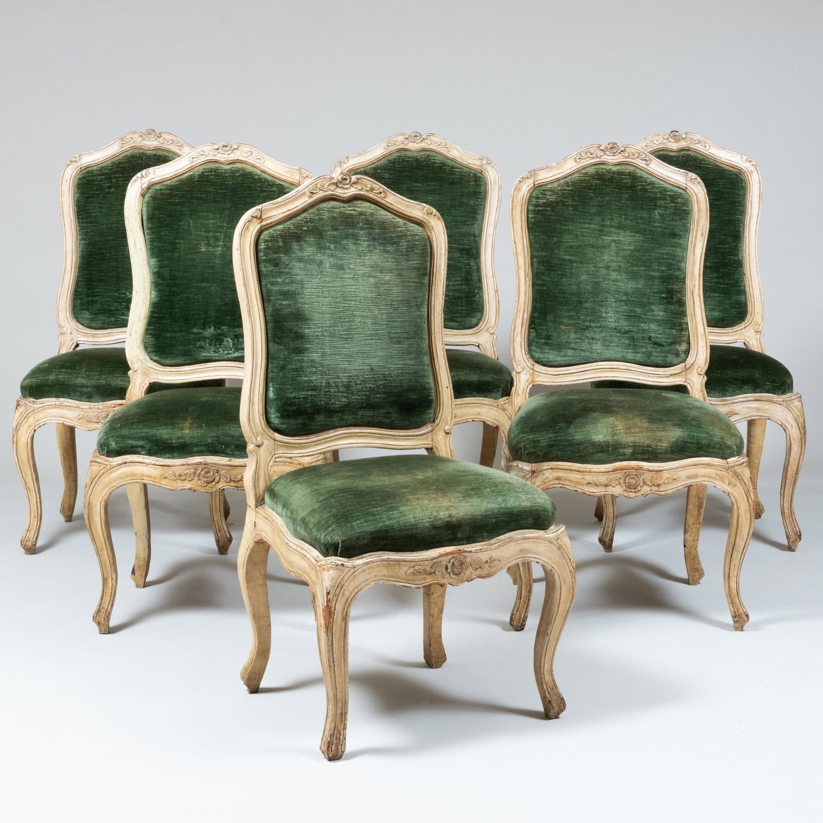 Set of Six Louis XV Carved Painted Upholstered Chaises à la Reine: Set of Six Louis XV Carved Painted Upholstered Chaises à la Reine 39 1/4 x 20 1/2 x 18 in., height of seat 17 in. Property from the Estate of Ernest Kafka
