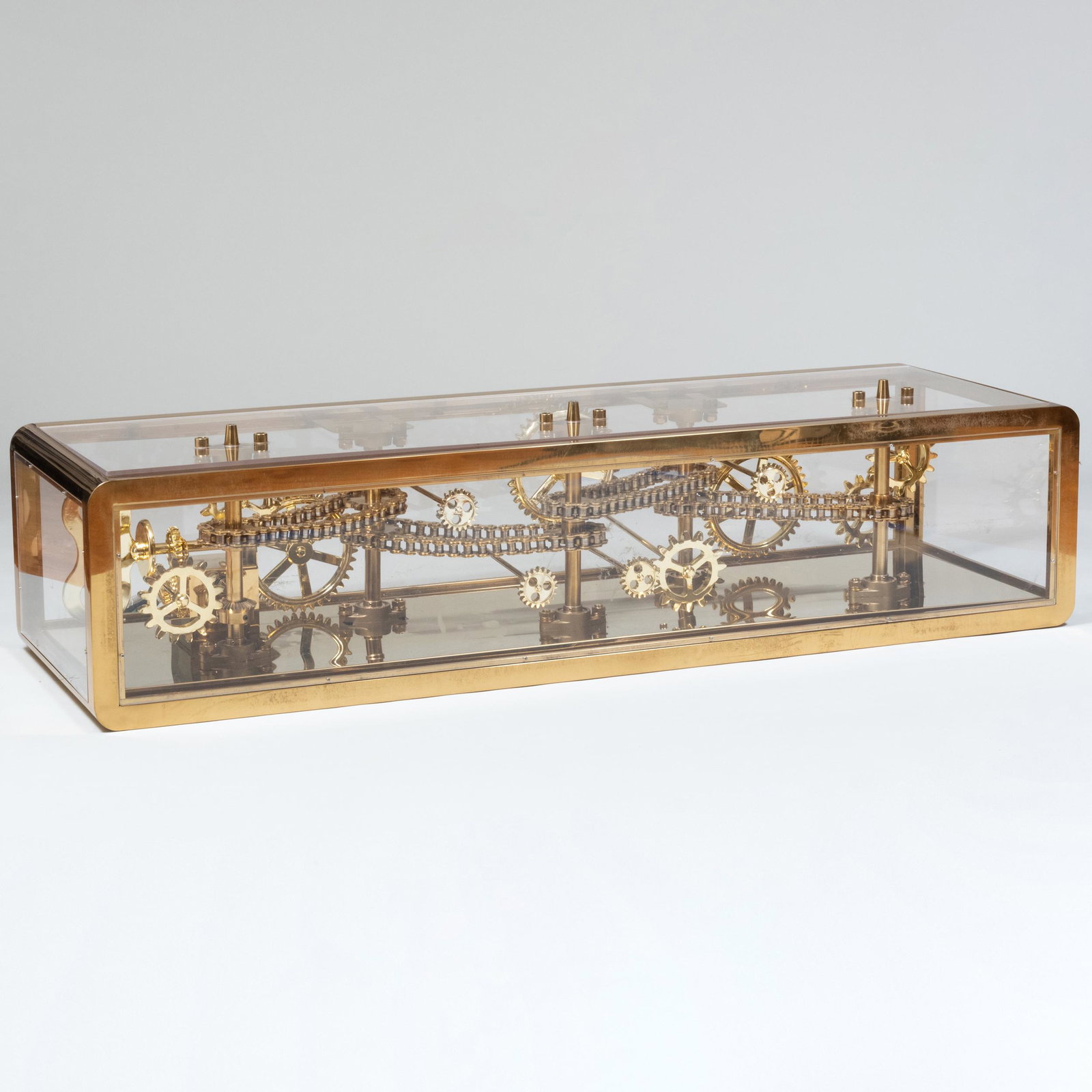 Contemporary Brass and Lucite Display Table Enclosing Moving Gears (1 of 5)