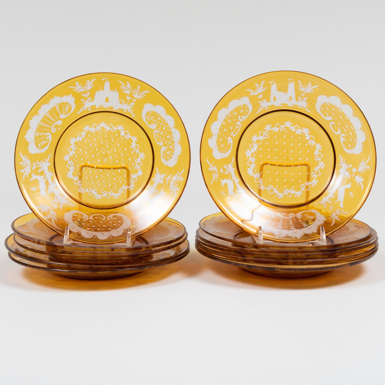 Set of Eleven Amber Etched Glass Dessert Plates (1 of 3)