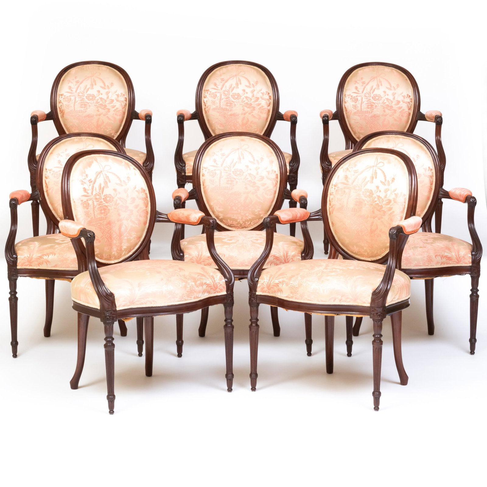 Set of Eight George III Style Mahogany Upholstered Dining Chairs, in the French Style: Set of Eight George III Style Mahogany Upholstered Dining Chairs, in the French Style 37 1/2 x 25 x 25 in., height of seat 19 1/2 in.