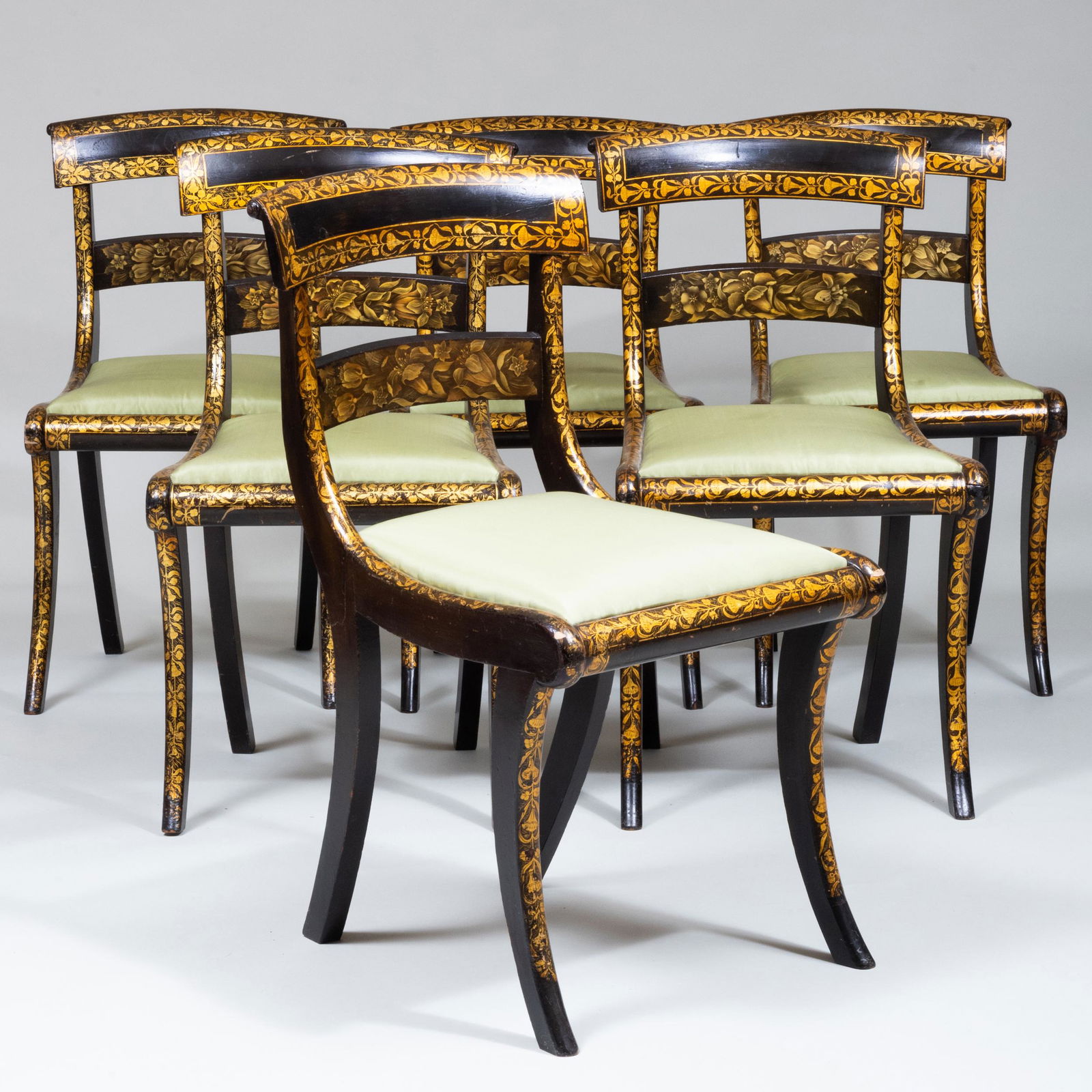 Assembled Set of Six Classical Ebonized and Stencil Decorated Klismos-Form Side Chairs, Philadelphia (1 of 8)