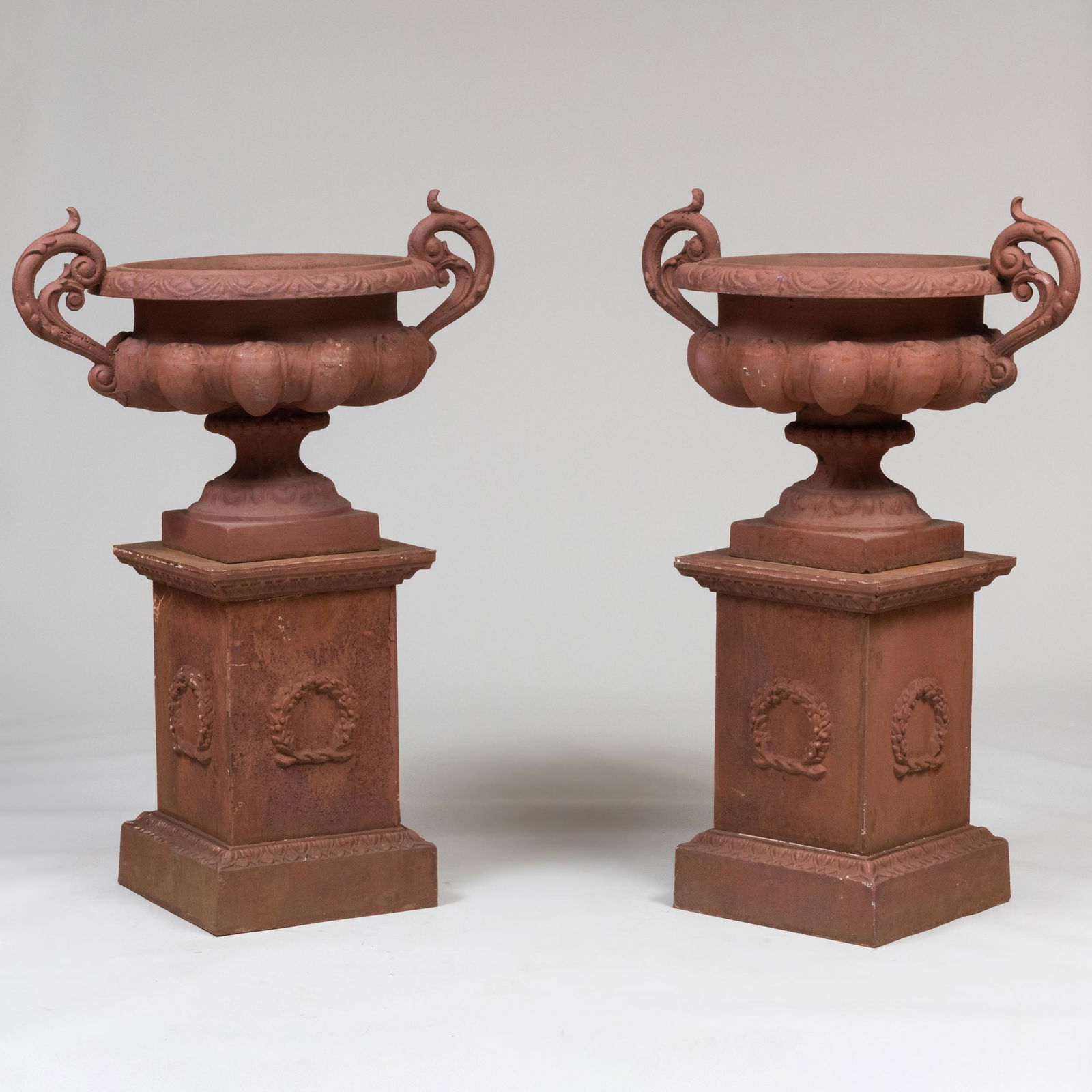 Pair of American Painted Cast Iron Garden Urns on Pedestals (1 of 10)