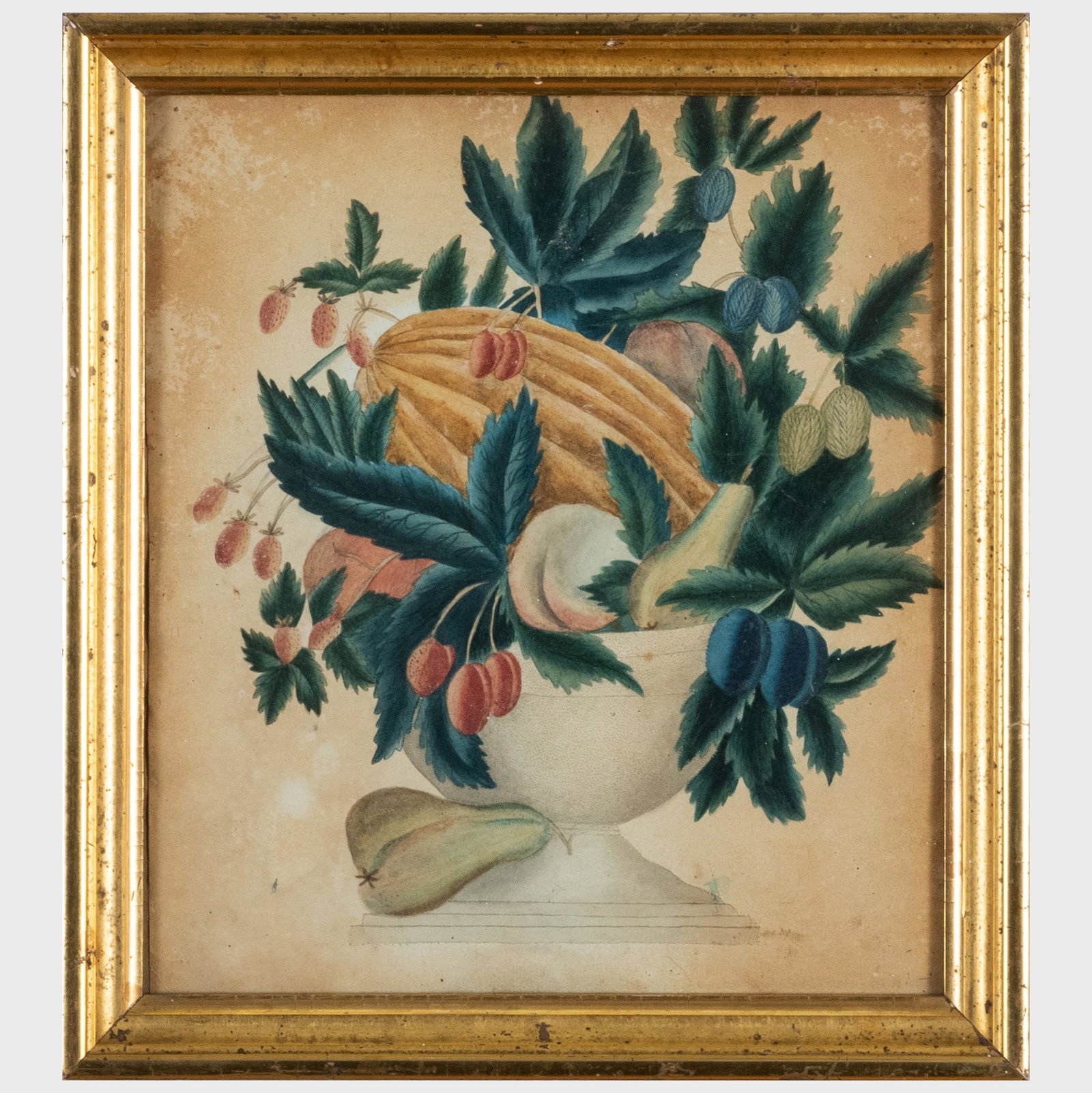 American School: Still Life with Fruit; and Flowers: American School: Still Life with Fruit; and Flowers Two watercolor on paper, unsigned. 10 1/2 x 9 1/2 in. (sheet), 12 1/2 x 11 1/2 in. (frame), 8 x 7 in. (sight), 10 x 8 3/4 in. (frame).