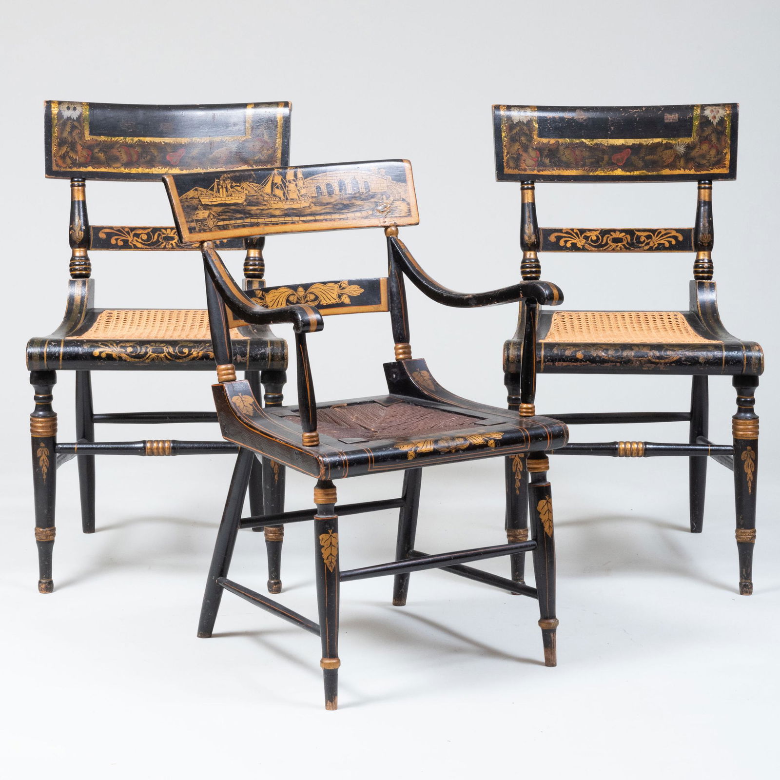 Pair of Federal Black Painted, Stencil-Decorated and Cane Seat Side Chairs, Baltimore, Together with (1 of 15)