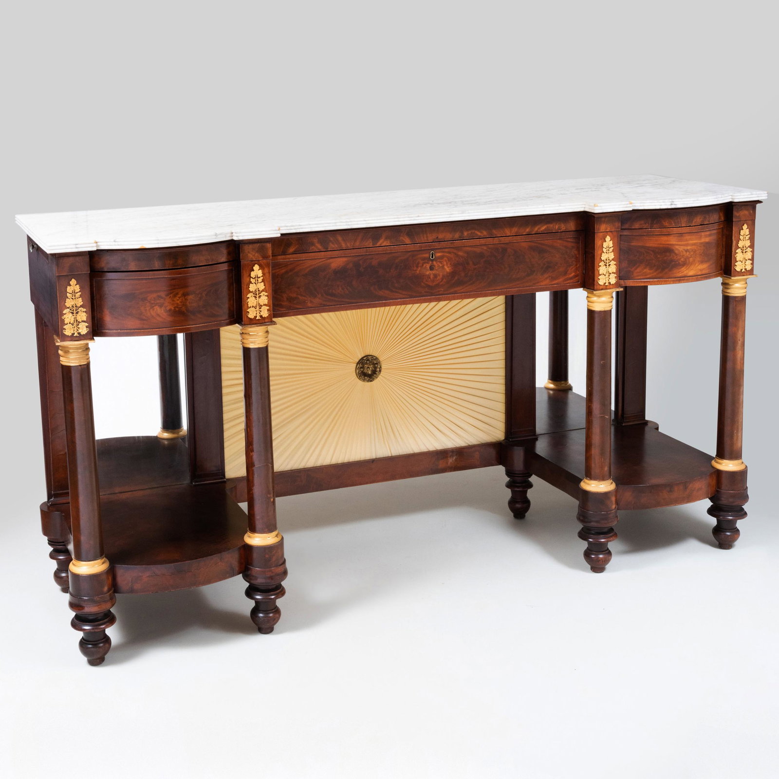 Large Classical Gilt-Metal-Mounted Figured Mahogany Marble Top Sideboard, New York, Attributed to: Large Classical Gilt-Metal-Mounted Figured Mahogany Marble Top Sideboard, New York, Attributed to Duncan Phyfe 42 x 6 ft. 6 x 24 1/4 in.