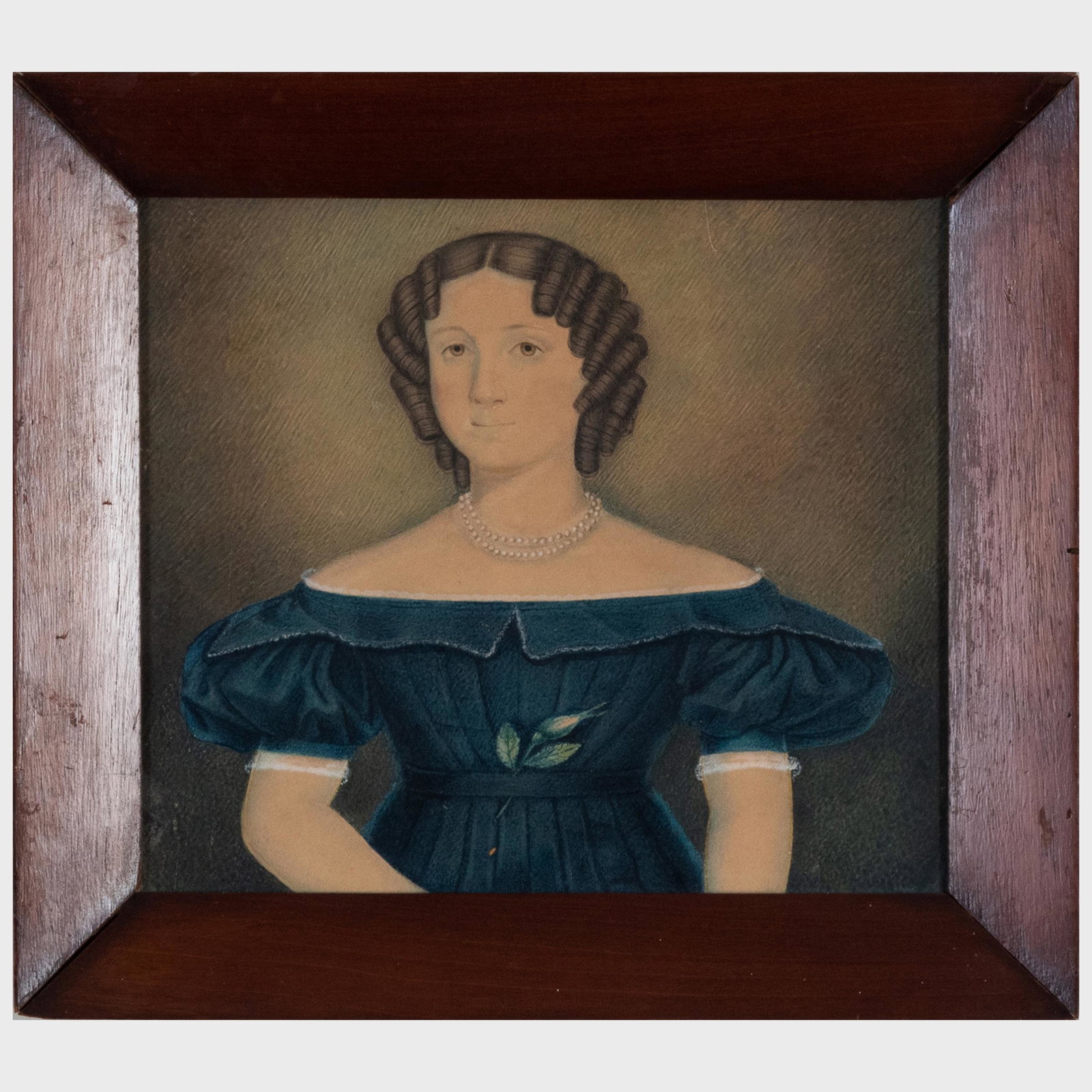 American School: Portrait of a Girl Wearing Pearls: American School: Portrait of a Girl Wearing Pearls Watercolor with gouache highlights on heavy paper, unsigned. 7 3/4 x 8 3/4 in. (sight), 10 1/2 x 11 3/4 in. (frame).