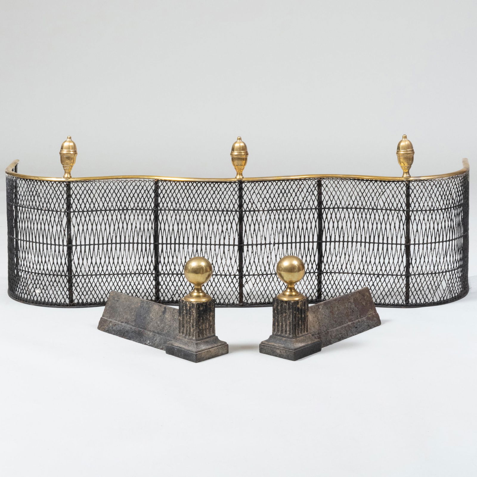 Federal Wire and Brass Fire Fender and Two Iron and Brass Ball Form Andirons (1 of 13)