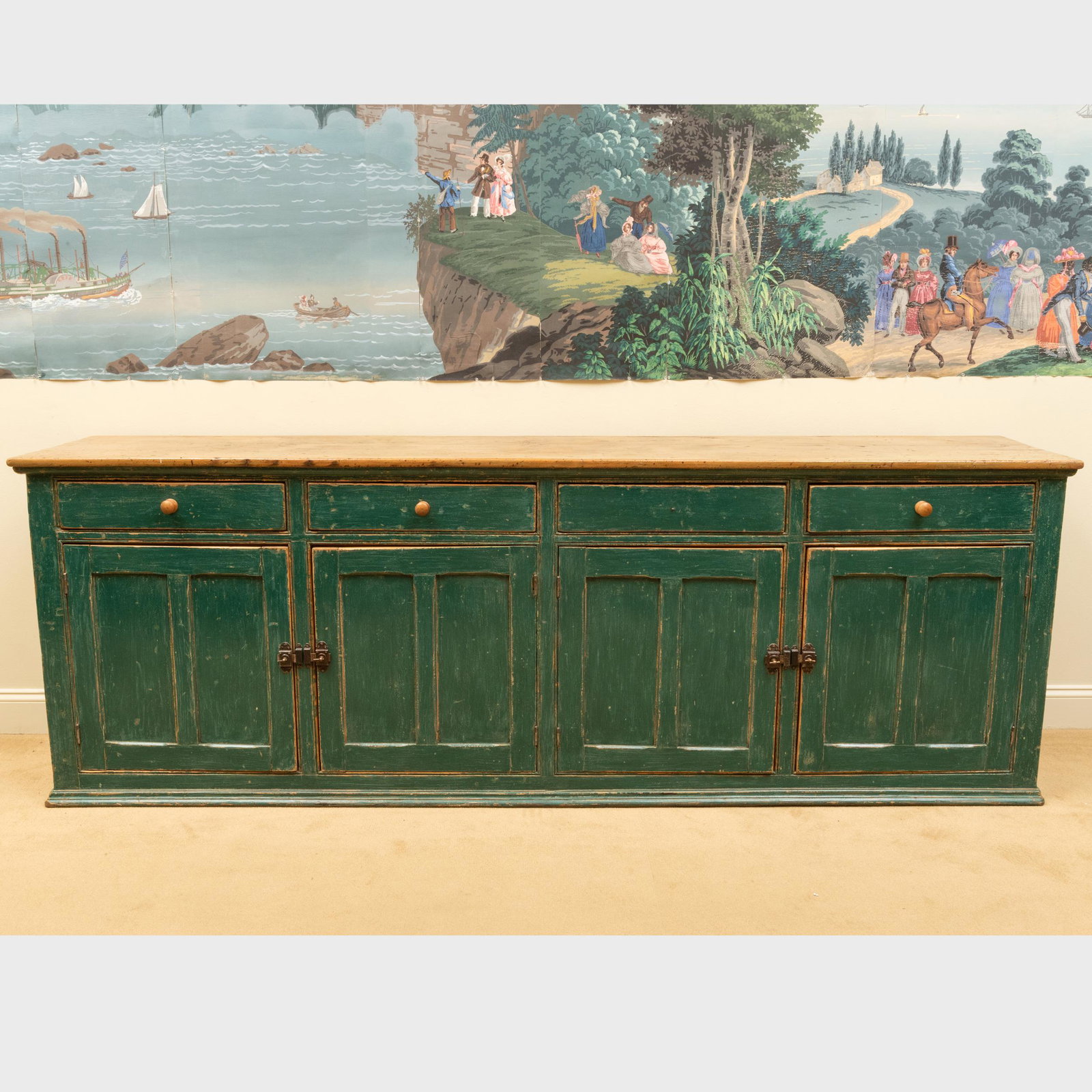 Canadian Fruitwood and Green Painted Side Cabinet: Canadian Fruitwood and Green Painted Side Cabinet The cabinet fitted with one shelf. 35 1/4 x 8 ft. 6 in. x 19 1/2 in. Property from The Collection of Alan Shayne and Norman Sunshine, Washington Depot