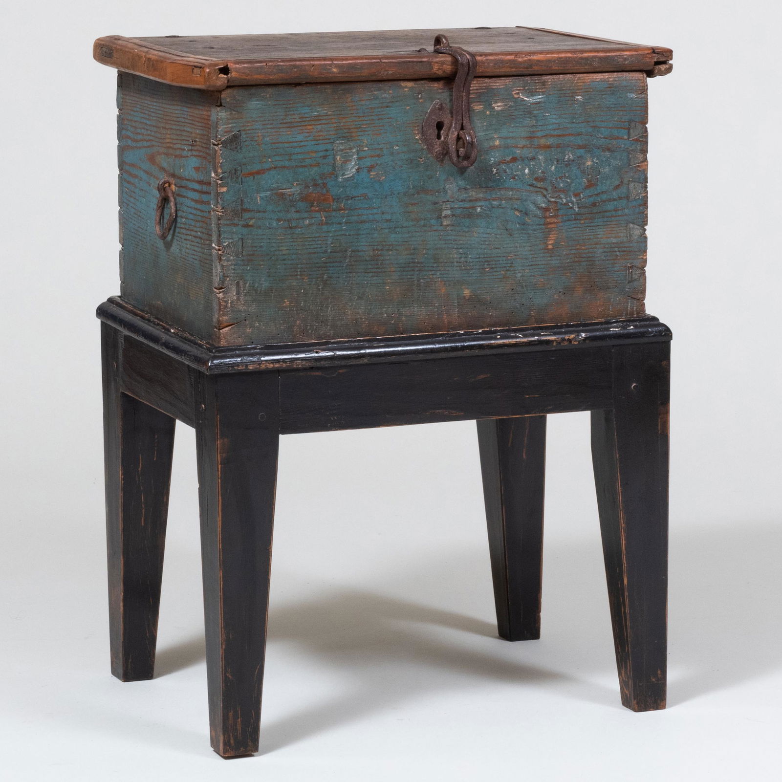 Blue Painted Pine Chest on Later Stand, Possibly Scandinavian (1 of 10)